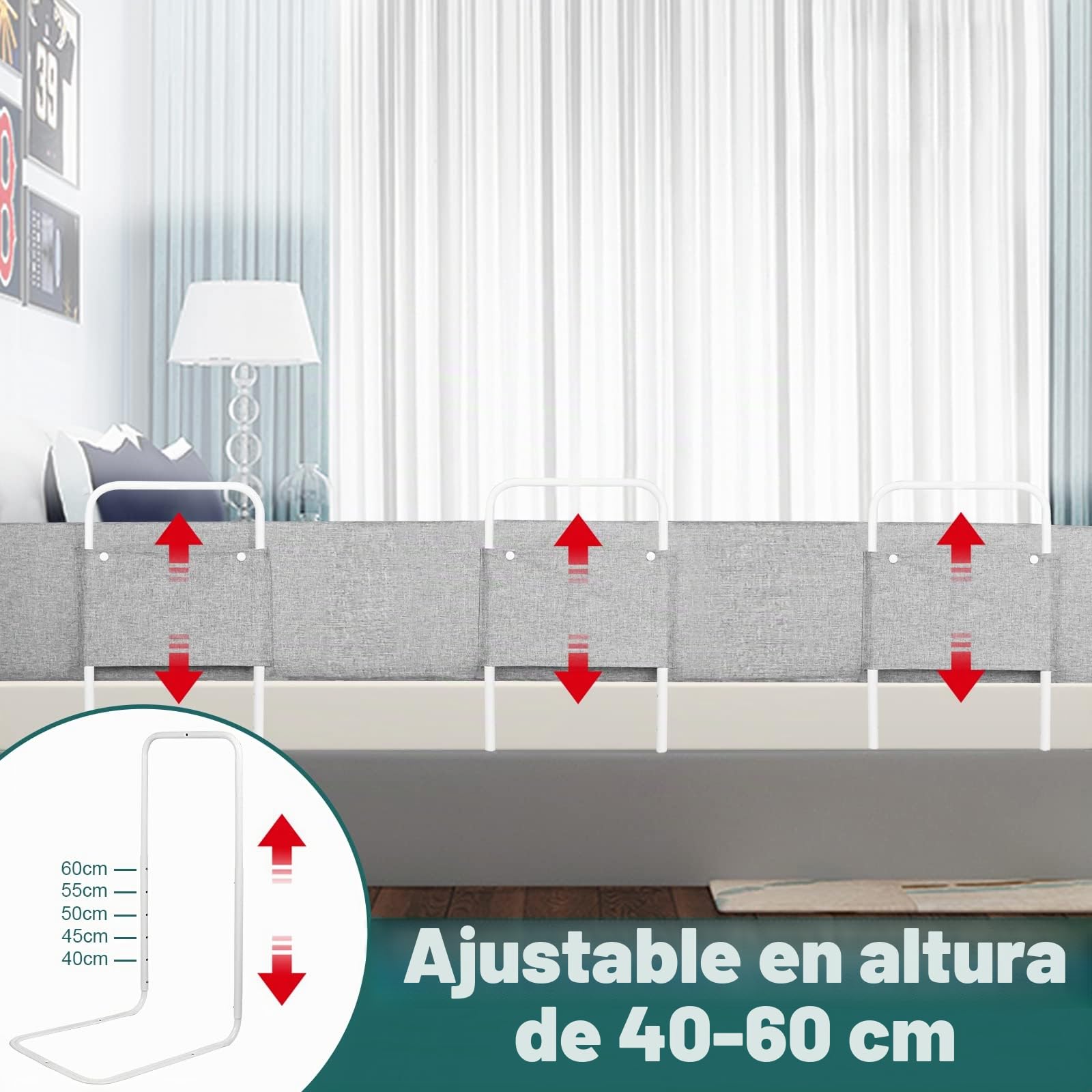 YUENFONG Barrera de cama de 150 cm, protección contra caídas para niños, deformable, protección lateral con 5 agujeros, ajustable, antideslizante, color gris lino