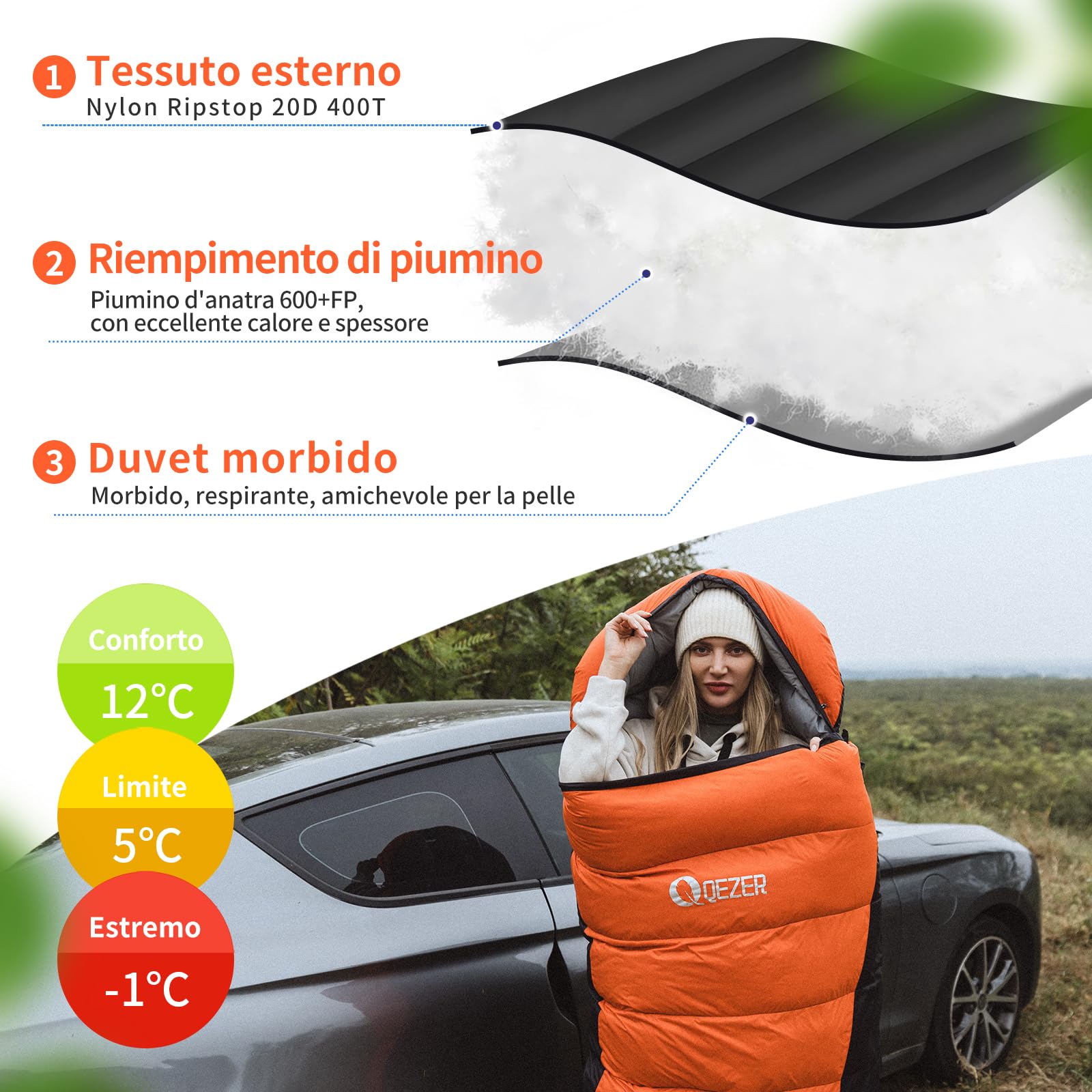 Sacco a pelo in piuma ultraleggero Sacco a Pelo per Adulti e Bambino 12°C a -8°C [1080g-2140g] per campeggio, escursioni e trekking, attività all'aperto 3~4 stagioni
