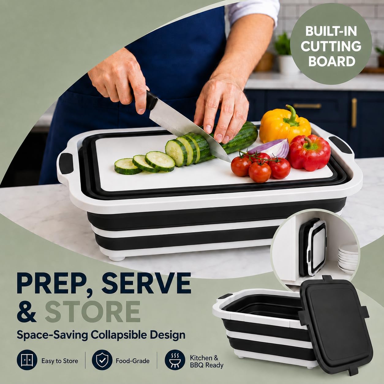 Collapsible BBQ Prep Tub for Meal Prep, Marinating & Food Storage, BBQ Tub Collapsible with Meat Rest Blanket Cutting Board Lid, Folding Wash Basin, Includes 2 Meat Shredder Claws.(Black) image 2