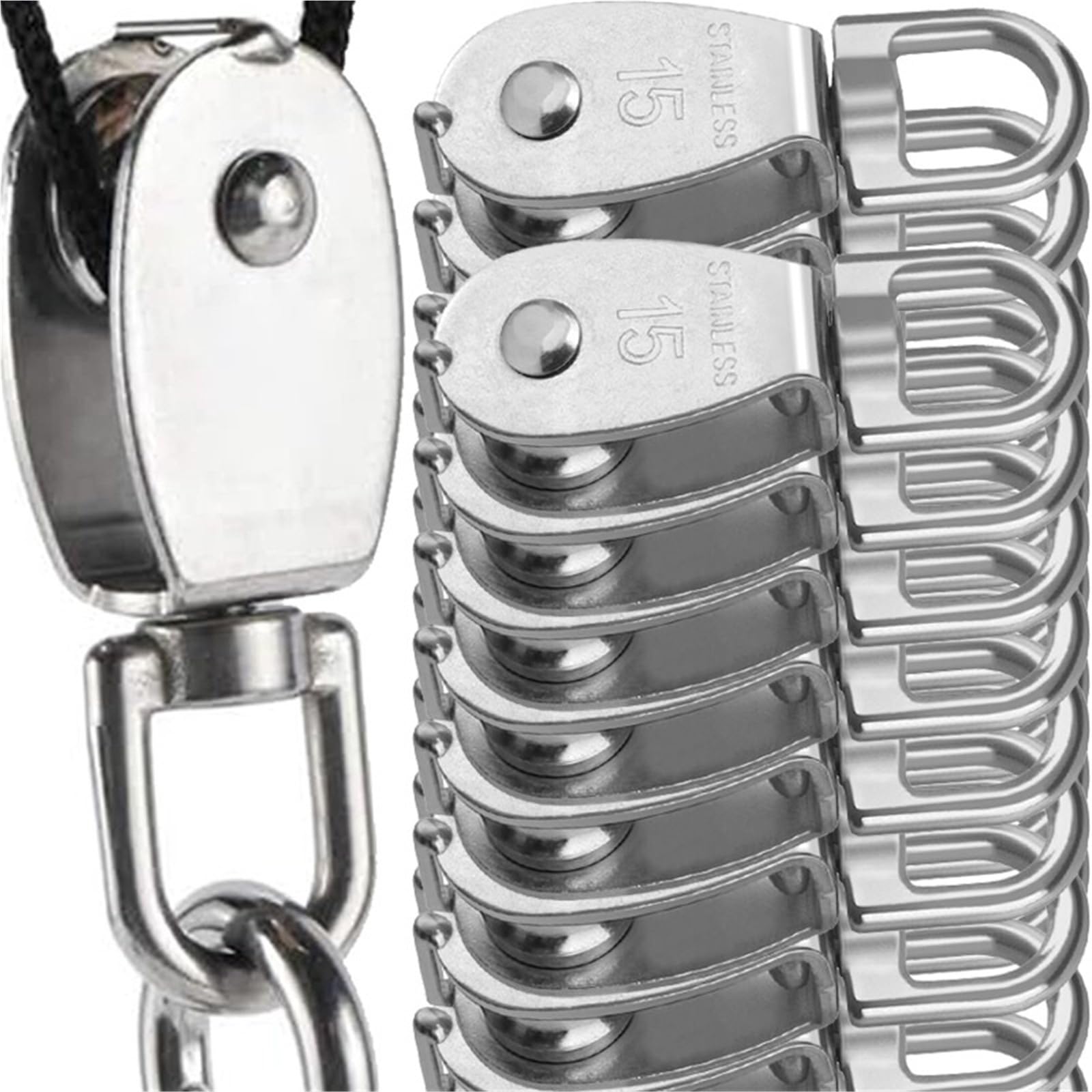 Pulegge In Acciaio Inossidabile M15 In Acciaio Inox Singola Puleggia Girevole Fune Gru di Sollevamento Blocco Gancio Singolo Appeso Filo Traino Ruota(10PCS)