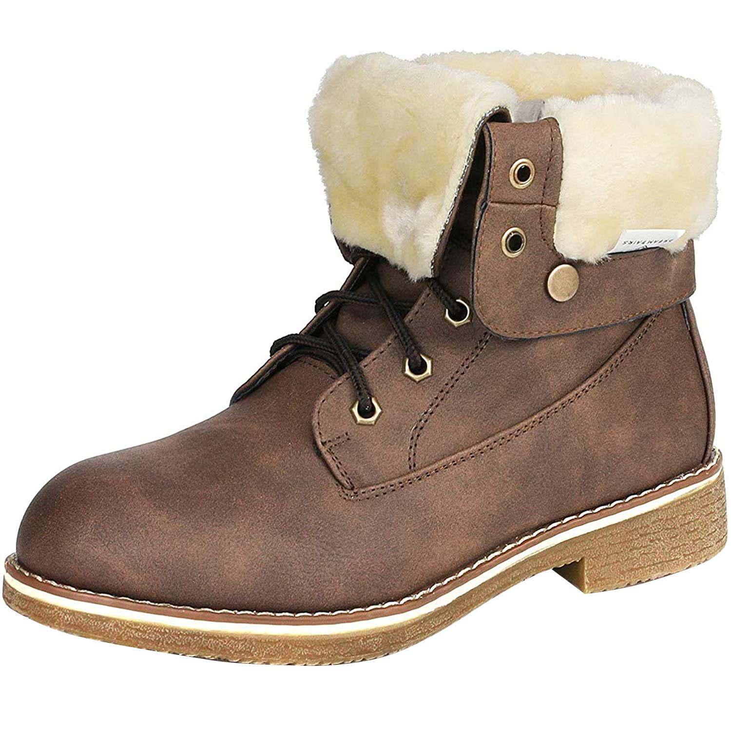 DREAM PAIRS Women's Montreal Brown Faux Fur Winter Combat Boots Ankle Bootie Size 5.5 B(M) US