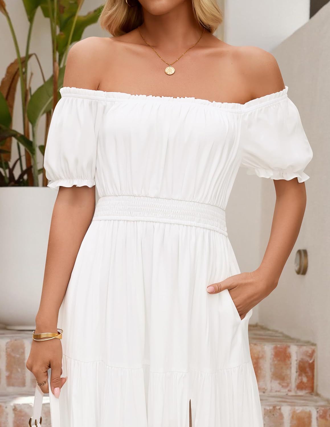 ZESICA Women's 2026 Boho Sexy Off Shoulder Short Sleeve Smocked Side Split Flowy A Line Tiered Long Maxi Dress with Pockets - Image 8