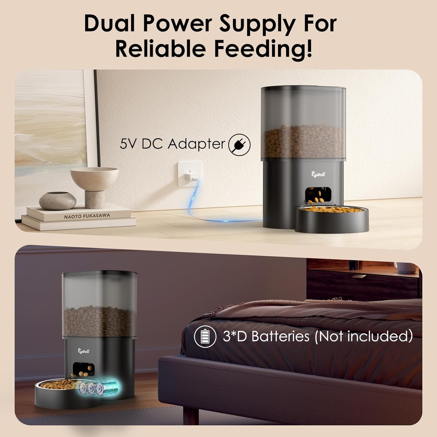 Automatic Cat Feeder and Water Fountain, Rywell 3L WiFi Timed Pet Food Dispenser and 2.5L Water Dispenser with APP for Cats and Dogs, Voice Recorder, Stainless Steel Bowl, Low Noise, Dual Power Supply