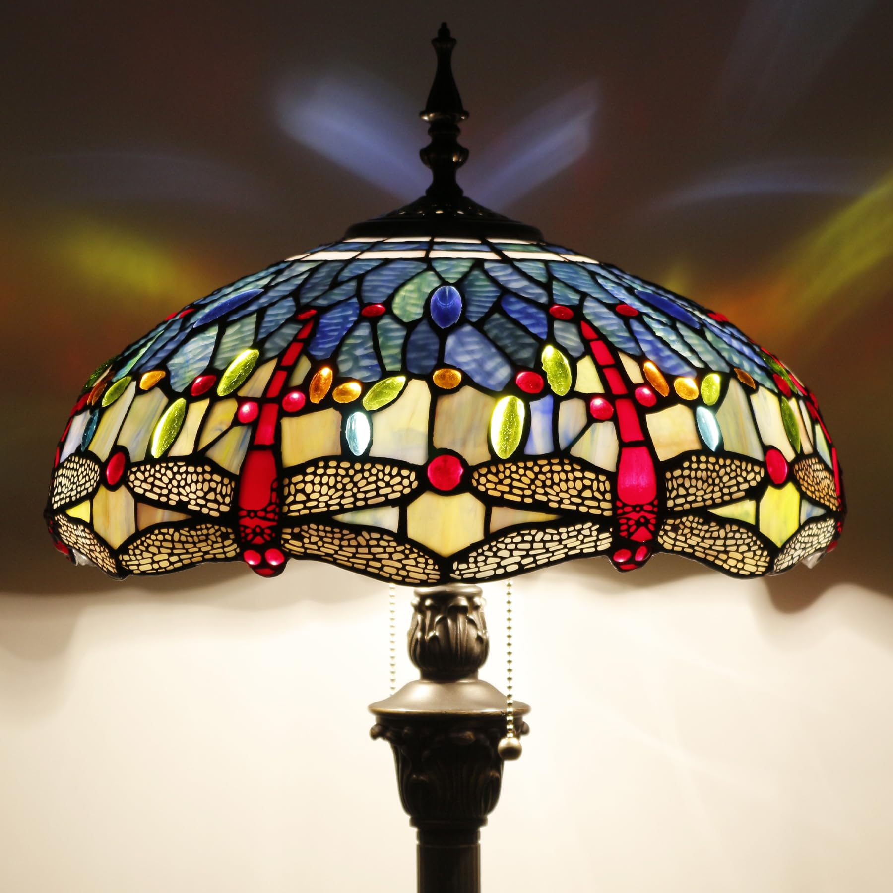 WERFACTORY Tiffany Floor Lamp Dragonfly Blue Brown Stained Glass Standing Reading Light 16X16X64 Inches Antique Pole Corner Lamp — view 8