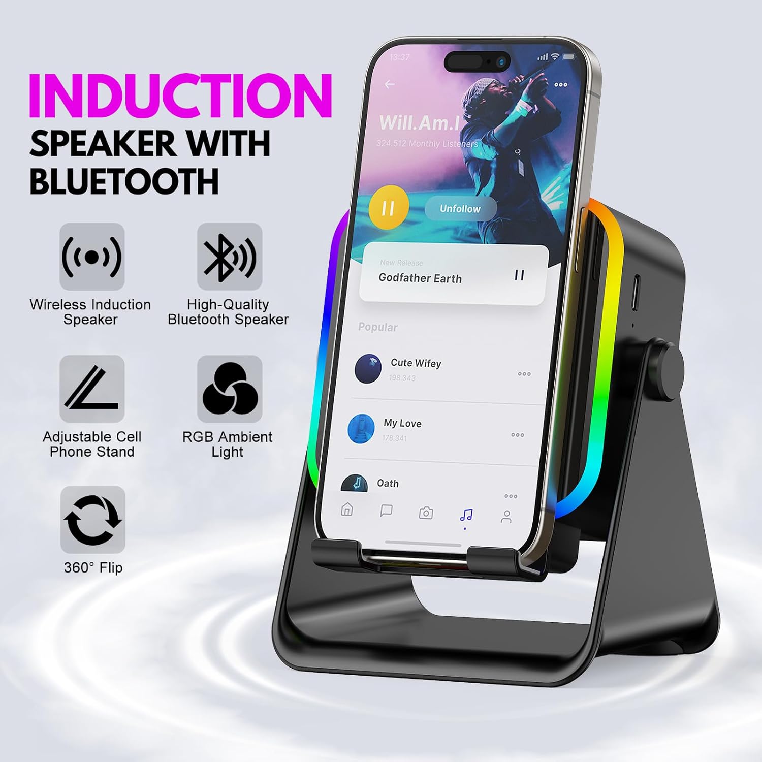 Wireless Induction Portable Bluetooth Speaker - 5 in1 Bluetooth Speaker Phone Stand with Colorful Ambient Light 360° Rotation Compatible with Most Phones - Unique Birthday Gift for Men Women Adults - Image 3