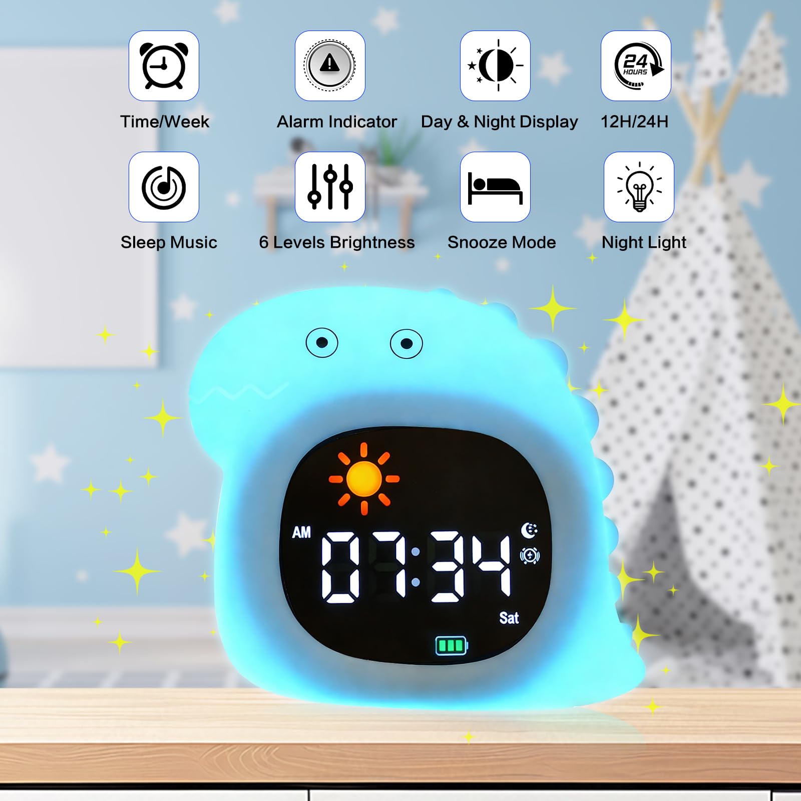 Sveglia per bambini, sveglia all'alba con luce notturna, display a LED con musica per dormire suoni rilassanti, funzione snooze, 12/24 ore, 6 luminosità regolabili per camera da letto