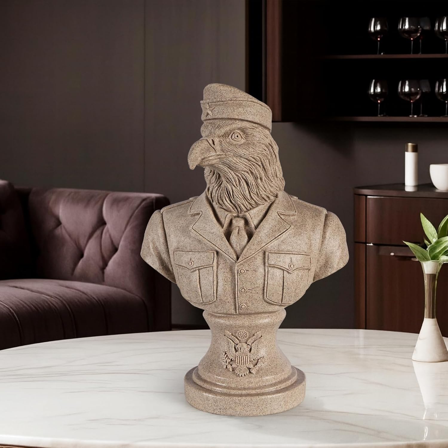 Patriotic Military Eagle Bust – Vintage Veteran Memorial Statue in Uniform – Army, Navy, Air Force Retirement Gift – Man Cave Decor-Sandstone