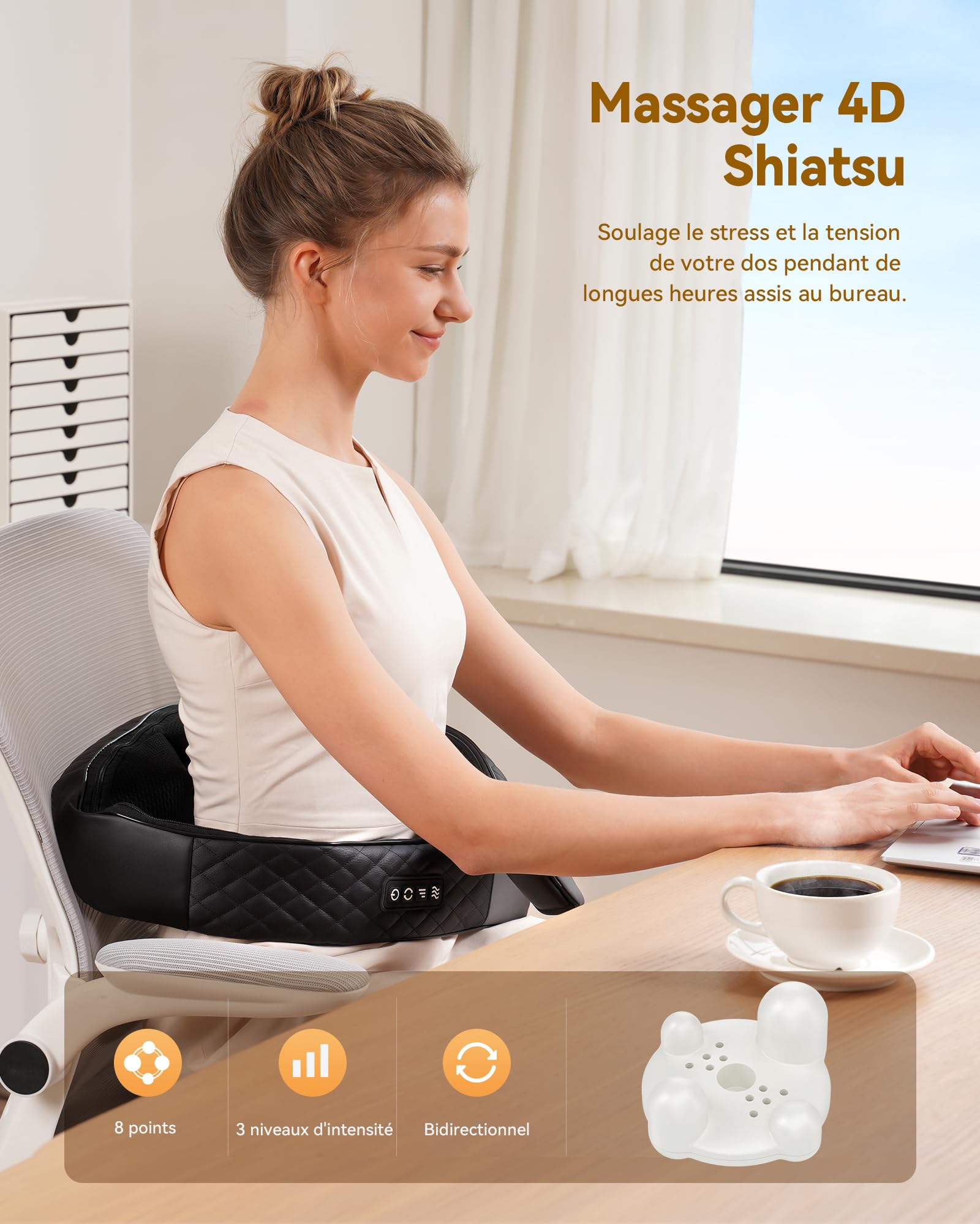 KNQZE® Masseur cervical shiatsu 4D, 2026 Masseur dos et cervicales chauffant, Massage pétrissage des tissus profonds 4D, Massage cou, cervical et dos, Cadeau pour femme homme papa maman