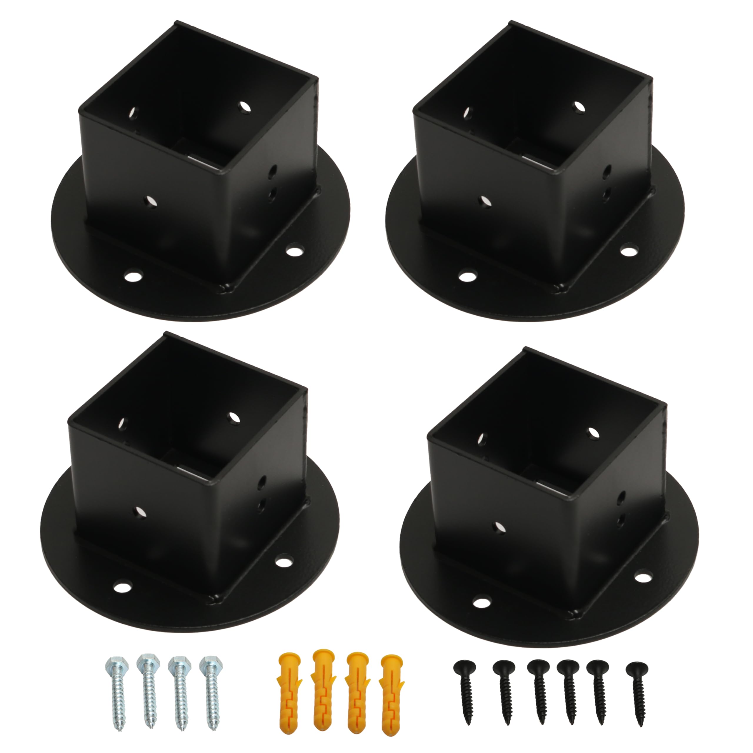 4Pcs Square Floor Flange Post Base, 2" X 2" Fence Pole Base Kit, Wall Mount Post Anchor Base Brackets Heavy Duty Black, for Pergola Deck Railing Mailbox