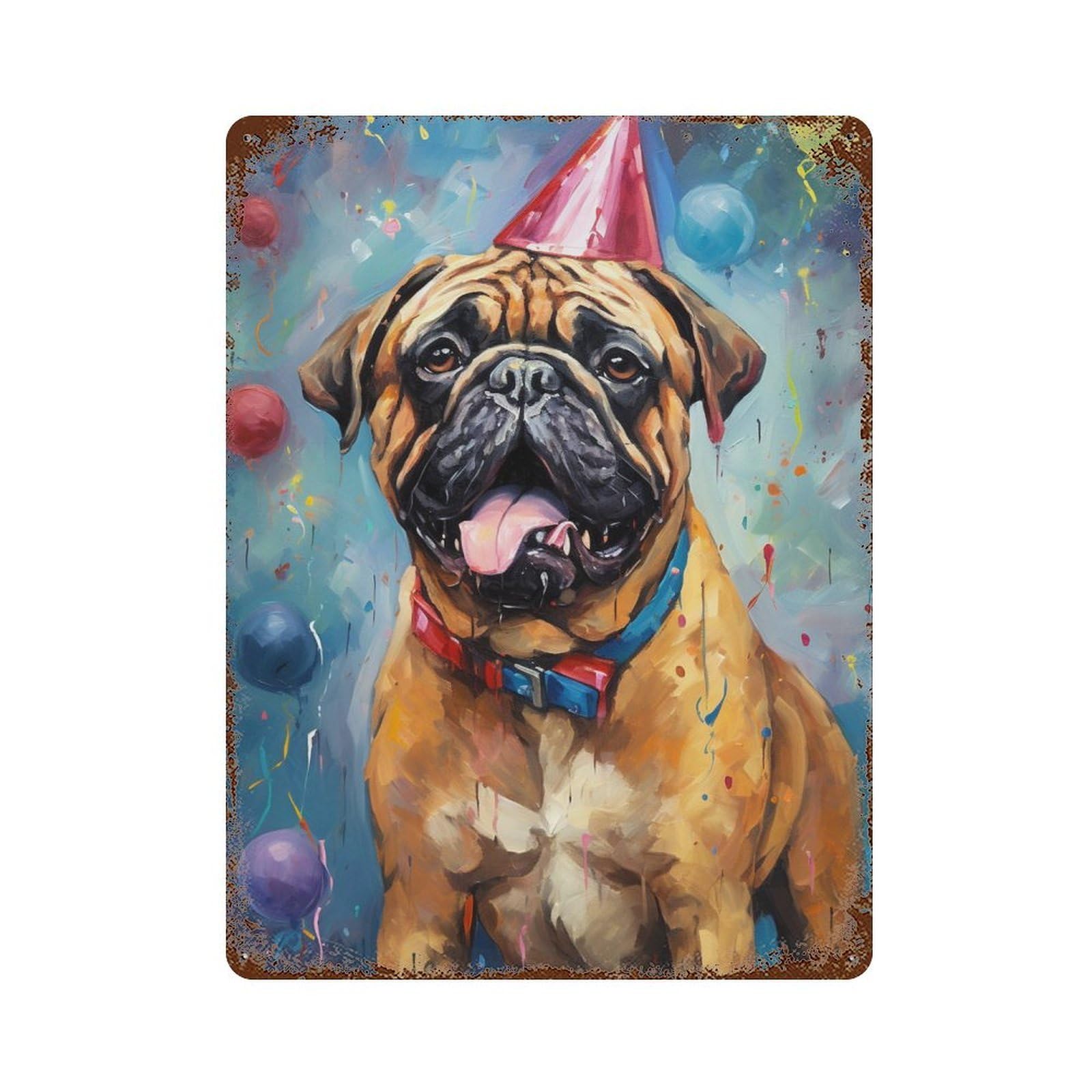 Pug Party Hat Painting Decorative Tin Sign 15.7"x11.8", for Bistro, Counter And Cafe Decor, Classic Wall Plaque