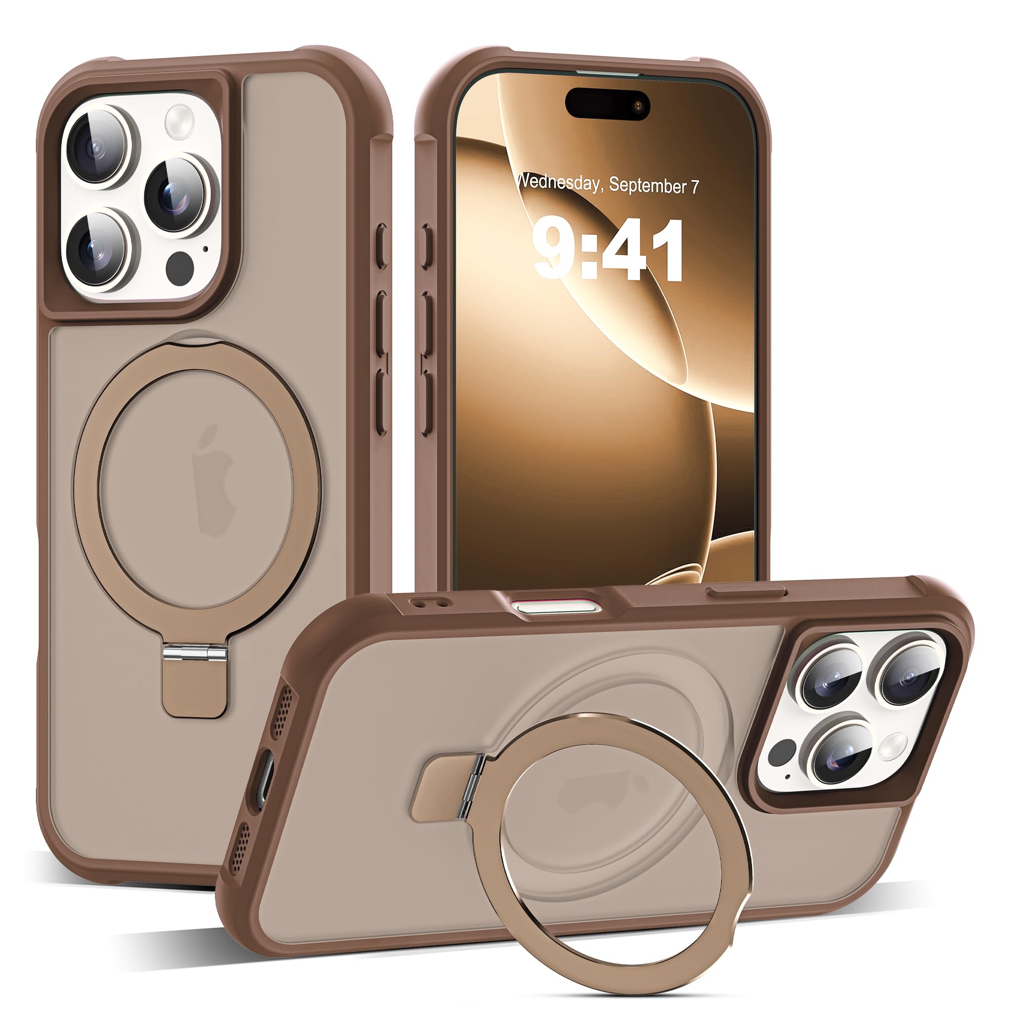 SKYLMW Compatible with iPhone 16 Pro Case with Invisible Magnetic O-Ring Stand Military-Grade Translucent Case for iPhone 16 Pro 6.3" [Compatible with Mag-Safe][Great Grip Feeling],Desert Brown