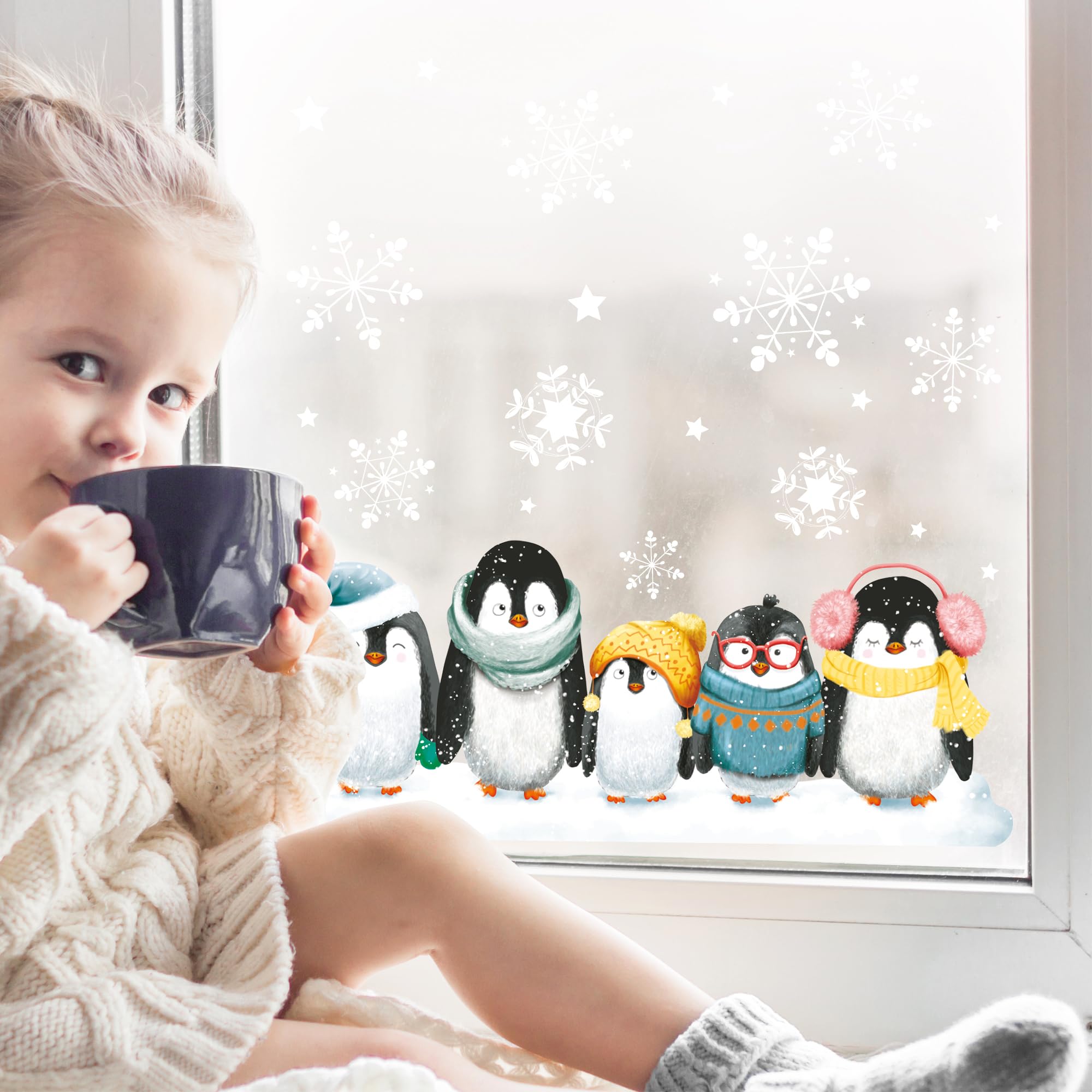 Fensterbild Weihnachten – Eisbär Mit Schneeflocken, Wiederverwendbar, Ca. 33x27 Cm, Fensterdeko Für Winter & Kinderzimmer
