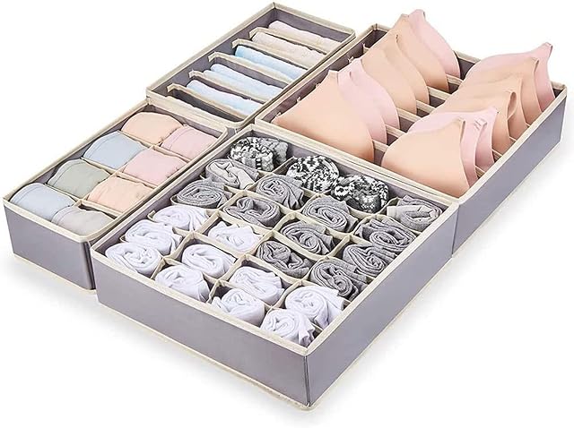 4 Pcs Drawer Organiser, Foldable Storage Box, Wardrobe Organiser, Antibacterial Dustproof Odorless Fabric Storage Boxes for Socks, Underwear, Ties, Bra, Scarves, Handkerchiefs, Baby Clothes - Grey