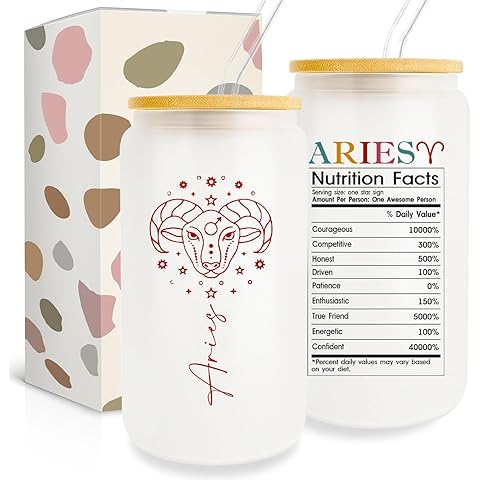 PFKFO Aries Zodiac Glass Cup - 16 Oz, Astrology & Horoscope Gifts for Women & Men