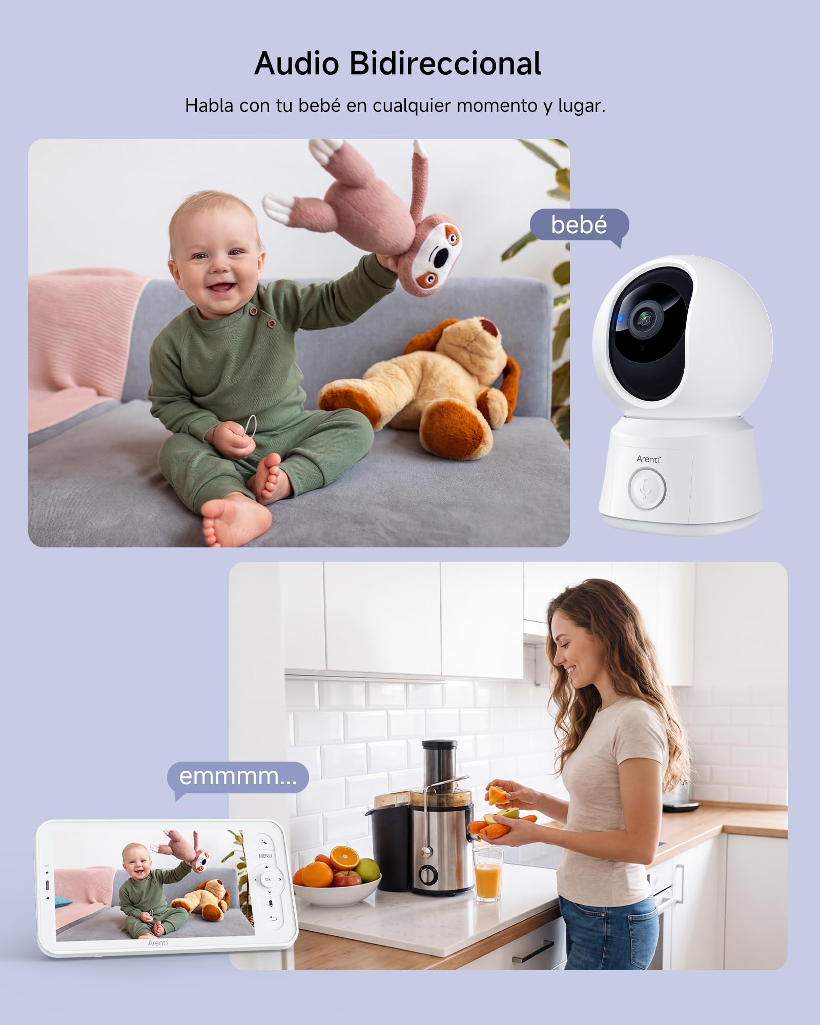 ARENTI Vigilabebes con 2 Camaras con Pantalla de 5'', 1080P Camara Vigilancia Bebe, Audio Bidireccional, Detección de Movimiento y Sonido, Visión Nocturna, Sensor Temperatura, Modo VOX, Alarma de Área