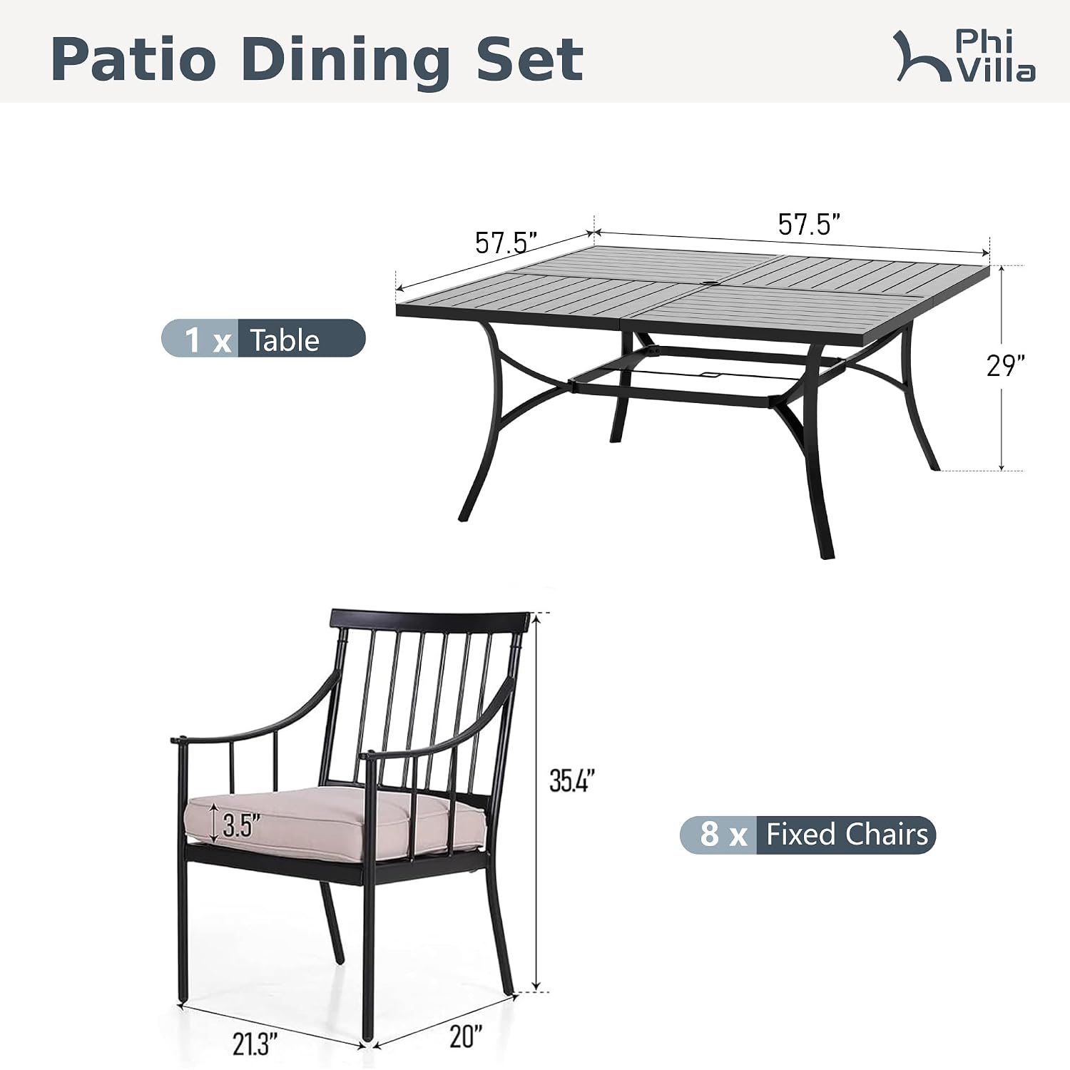 PHI VILLA 9 Pieces Outdoor Dining Set for 8, 57.5” Square Wrought Iron Dining Table & Heavy-Duty Steel Chairs with Cushions, Large Dining Furniture Set for Patio, Deck, Yard, Porch