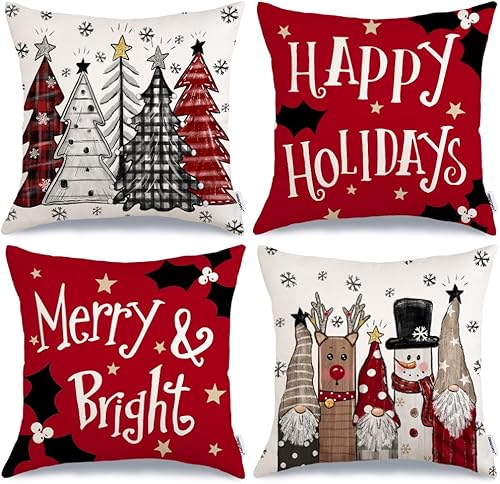 G416-16 - Juego de 4 fundas de almohada de Navidad de 16 x 16 pulgadas, diseño de árboles rojos alegres y brillantes, gnomo, reno, muñeco de nieve,