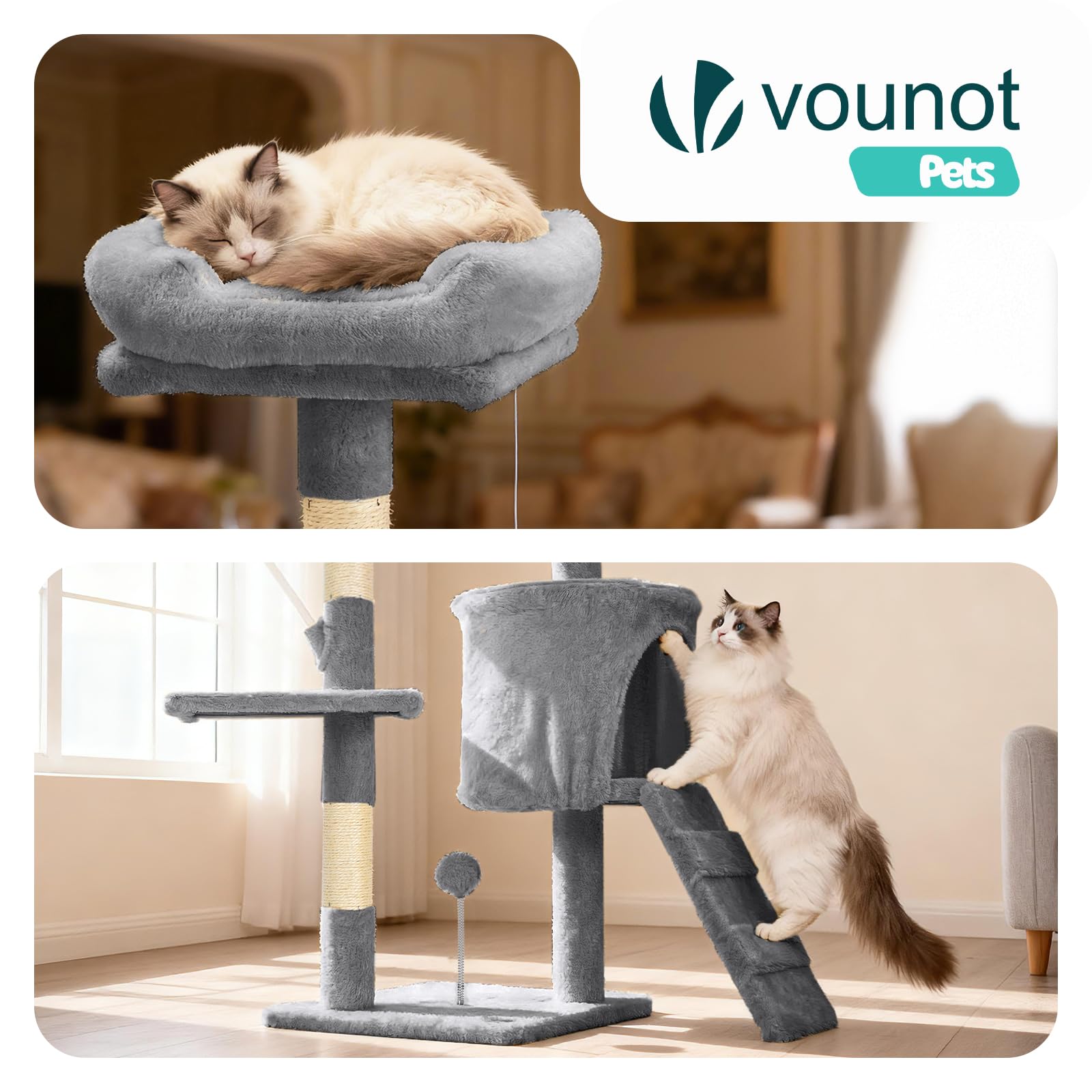 VOUNOT® Tiragraffi per Gatti Alto 112 cm, Albero per Gatti Multilivello, Centro Attività per Gatto con Pali Tiragraffi in Sisal, Cuccia, Piattaforme e Grotta, Grigio
