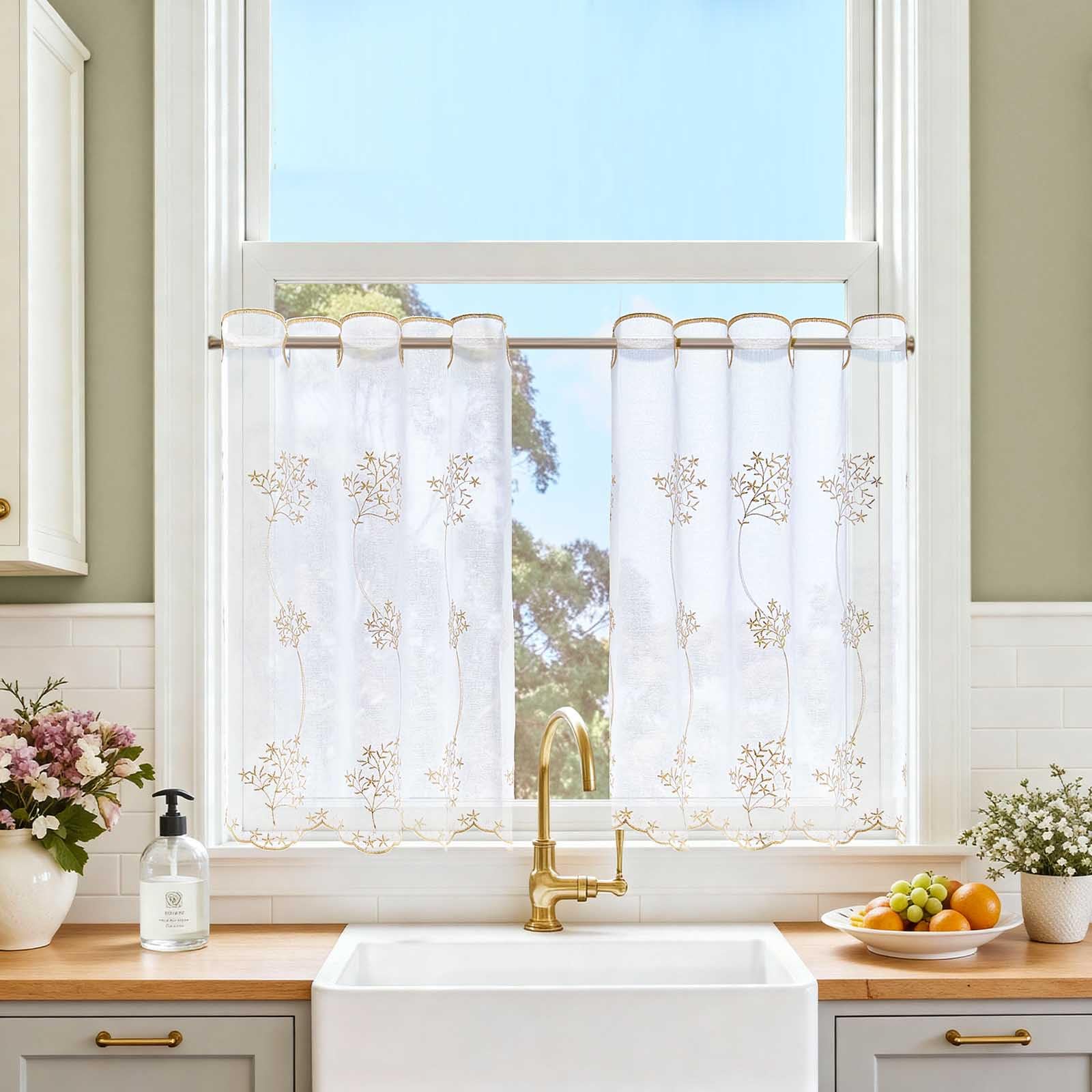 TOPICK Linen Net Kitchen Cafe Curtains, Beige Floral, W26 xL24, 2 Panels — image 1