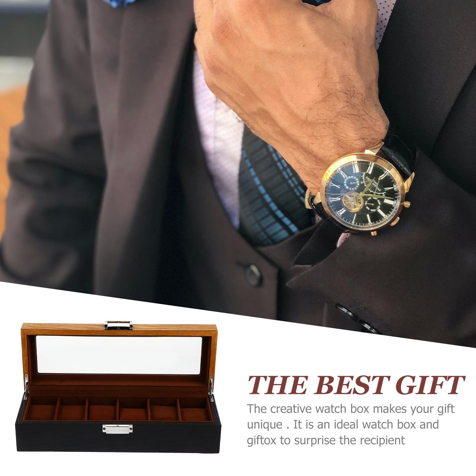 Organizador de Relojes Caja Expositora para Relojes de Madera Retro de 6 Compartimentos, Protege de Arañazos y Daños, Fácil de Limpiar, Obsequio para Cumpleaños y Navidad