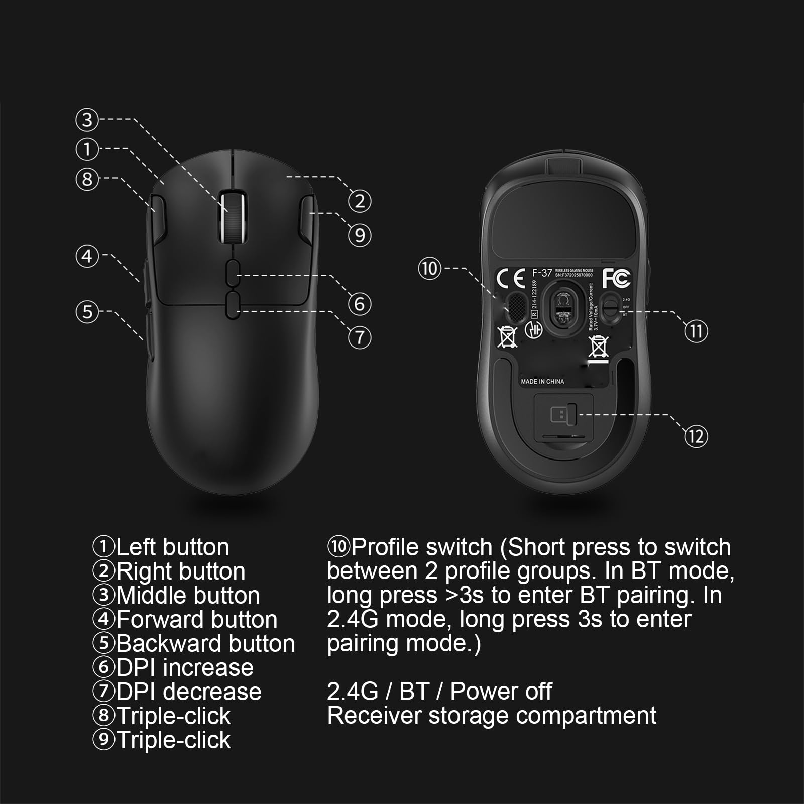 Tosuny Mouse da Gioco Wireless Leggero, modalità Tripla 2,4 G/BT/cablato (BLACK)