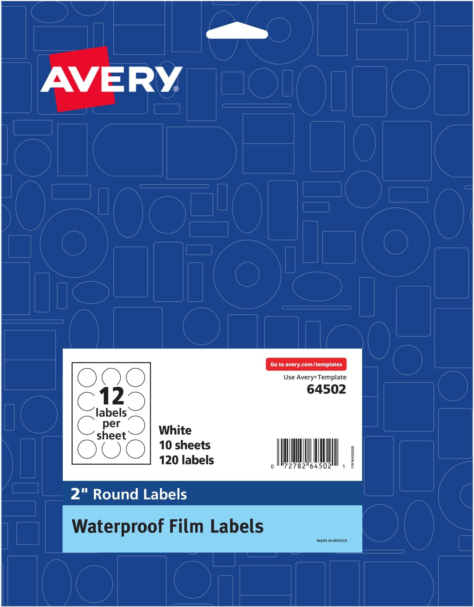 Avery Durable Waterproof with Sure Feed Technology, 2" Diameter, Matte White, Laser & Pigment-Inkjet, 120 Printable, Great for Food, Product and More (64502)