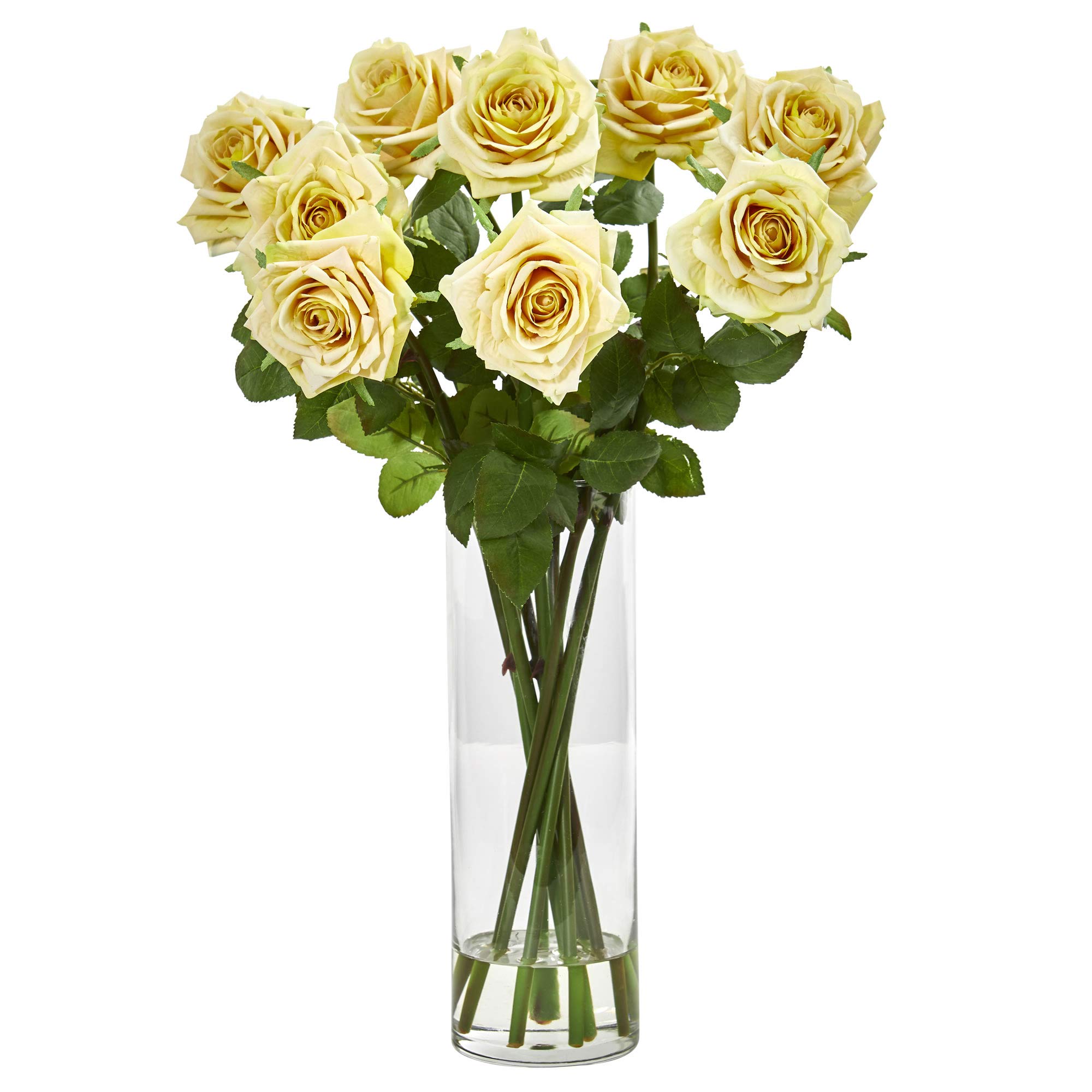 Nearly Natural Rose Artificial Cylinder Vase Silk Arrangements, Yellow