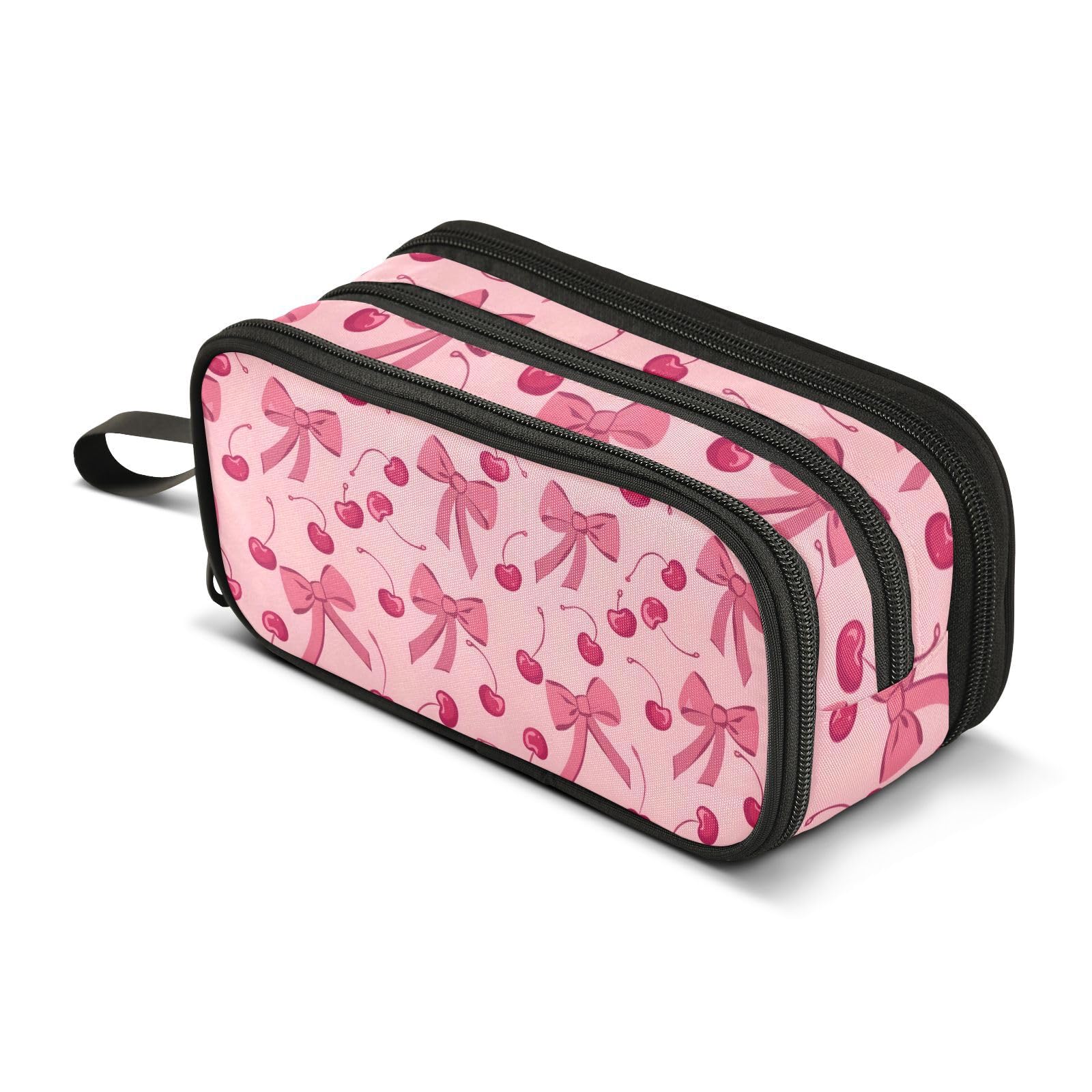 Mnsruu Pink Bow Cherry Pencil Case Large Capacity Pen Bag Girls Boys Pencil Pouch Stationery Organizer Holder Zipper Pen Case for School Office
