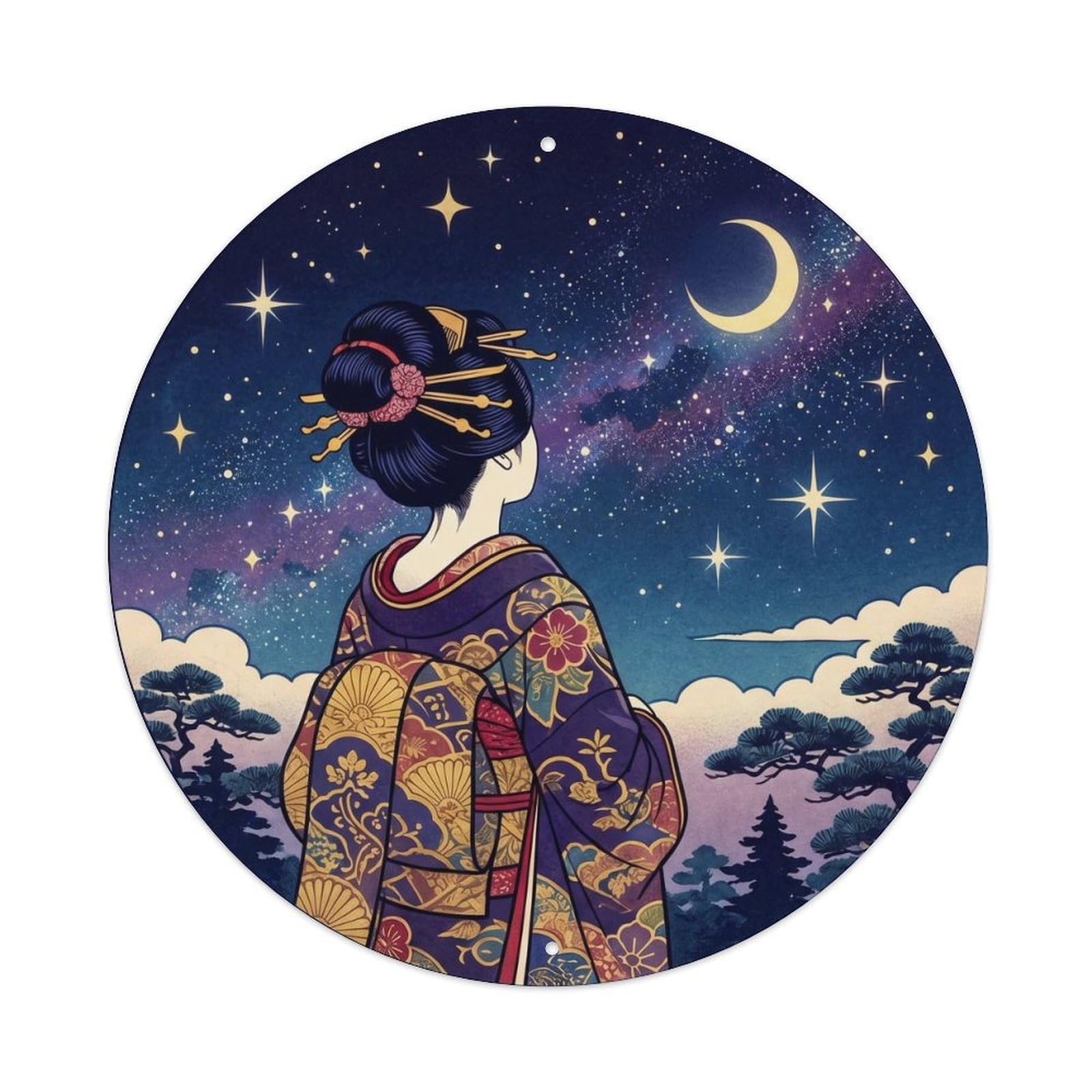 Galvaxio Style Japanese Kimono Woman Gazing Deep Night Stars Celestial Metal Tin Sign