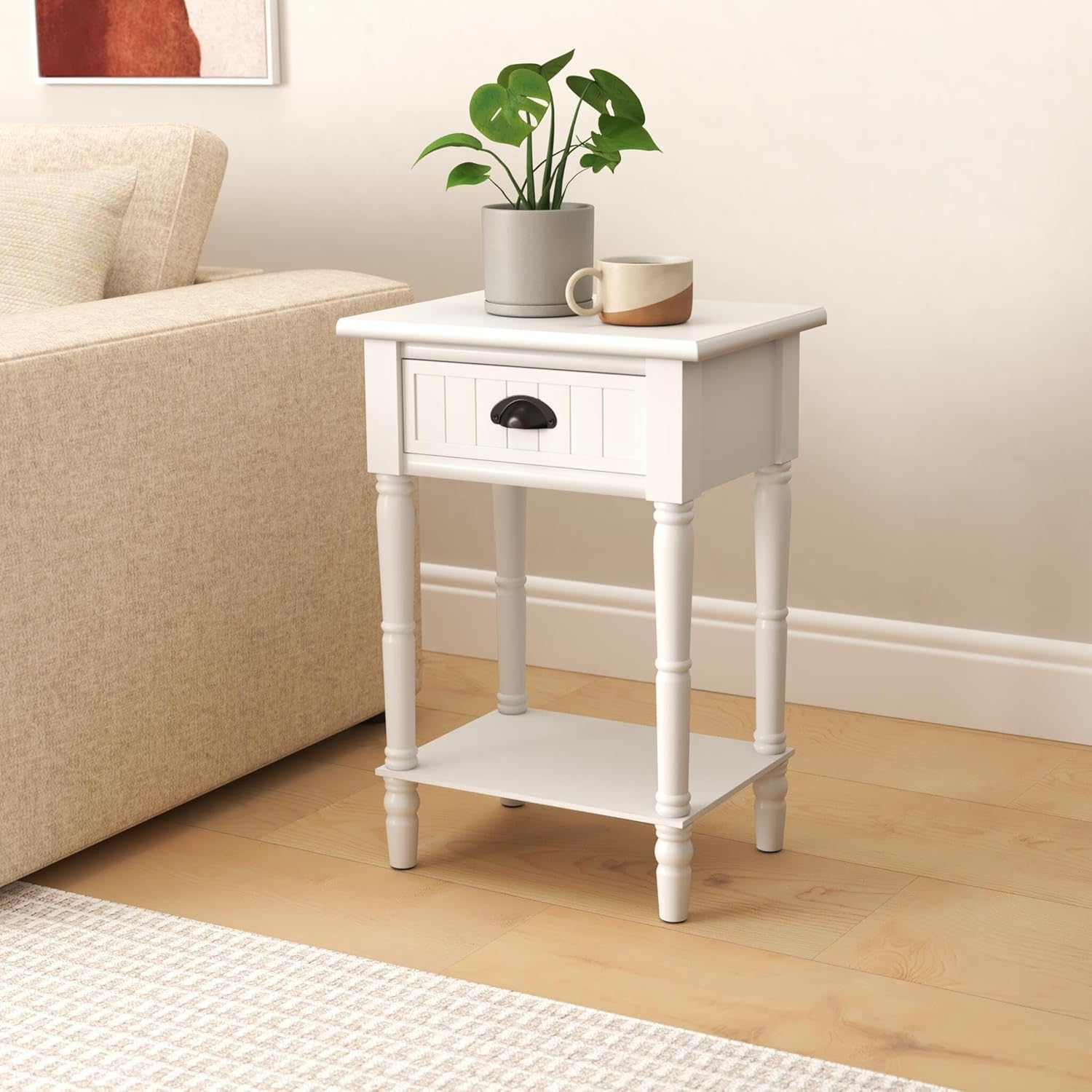 Device Bas with BROWN ART SHOPPEE Wooden Side Table with Drawer & 1 Shelf, 2 Tier White End Table with Storage For Living Room, Wood Side Tables Living Room Table Bedside Table (White)-image-48