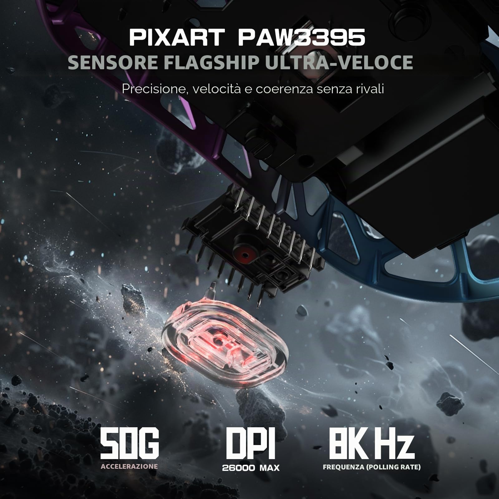 ATTACK SHARK R3PRO 46g SUPERLIGHT Gaming Mouse in Lega di Magnesio, Wireless 8000Hz Tasso di Polling, 26000DPI, G502 Mouse da Gioco, 2.4G/BT/Cablato, PixArt PAW3395, con Cavo a Spirale, PC/Mac, Viola