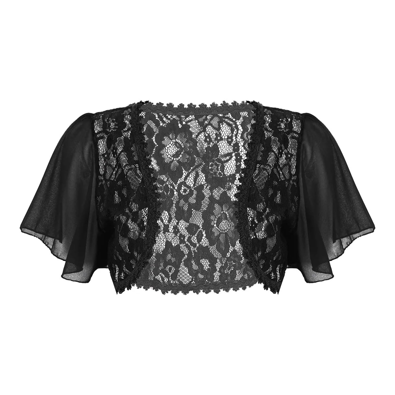 Ikfgtjre Women's Black Chiffon Bolero Lace Shrug Bolero Elegant Short Sleeve Chiffon Cardigan Sheer Cropped Jacket(,2Xl)