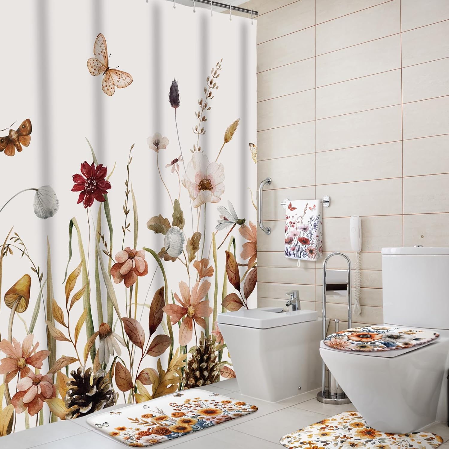 Honoson 8 Pcs Spring Floral Shower Curtain Set with Rugs and Kitchen Towels Wildflower Farmhouse Shower Curtain Bathroom Set for Farmhouse Country Summer Housewarming Gifts Decor