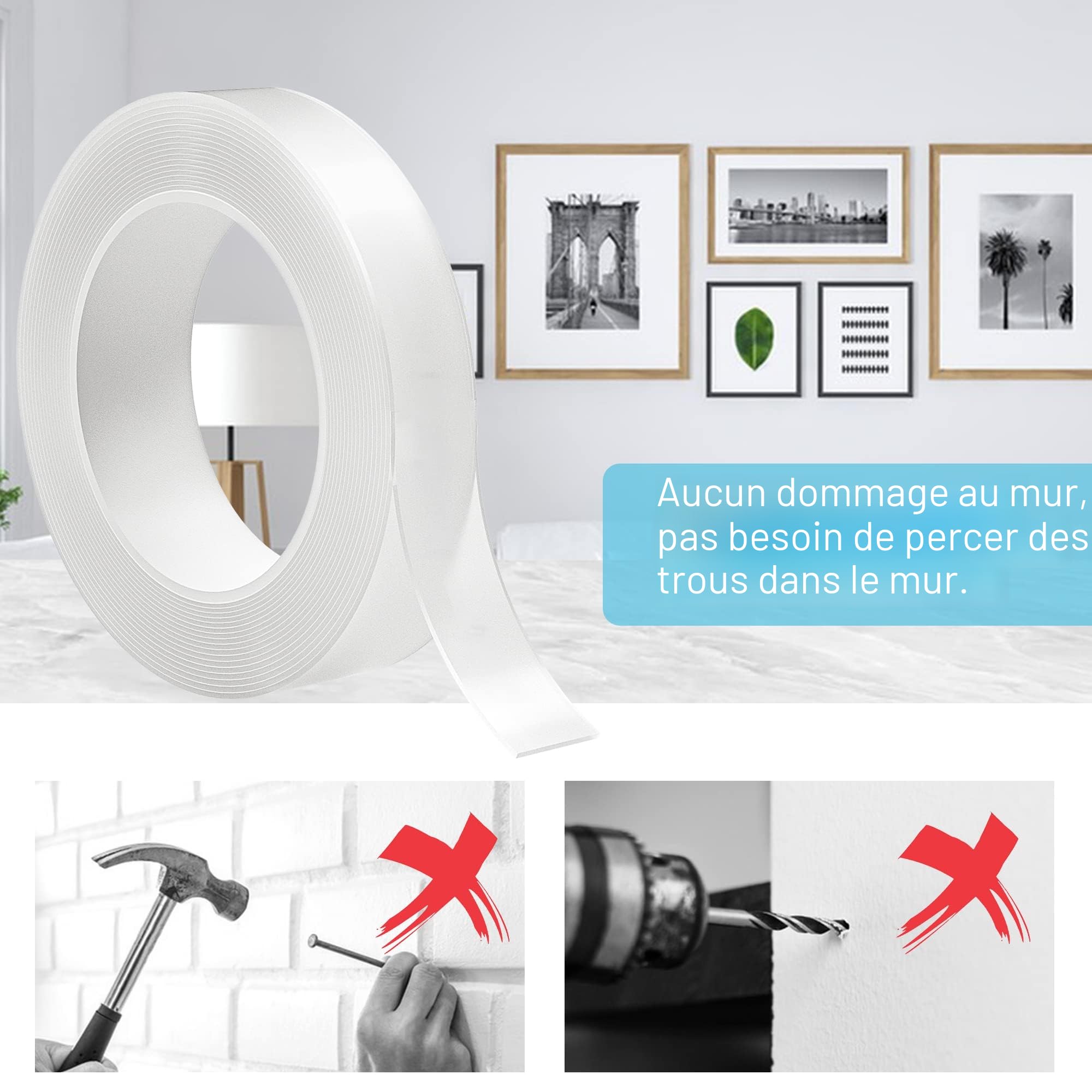 Ruban Adhésif Double Face Robuste Extra Fort 5M Nano Tape Transparent Amovible 20mm 1mm