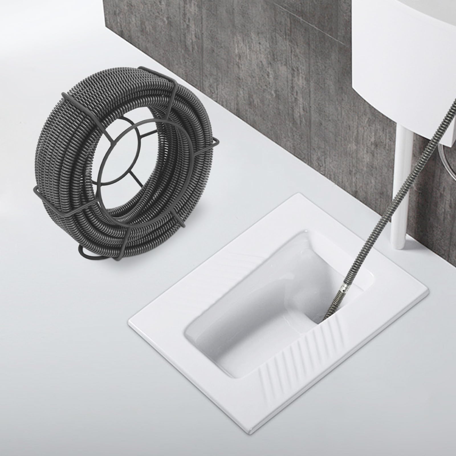 Espiral de limpieza de tuberías de 20 m, espiral flexible, con estante de almacenamiento para cocina, baño, contra obstrucciones en tuberías de desagüe