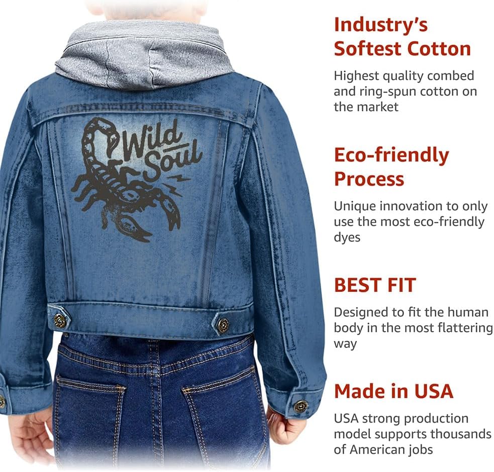 Wild Soul Toddler Hooded Denim Jacket - Cowboy Boy Present - Ranch Gift - Denim with Black, 4-5T