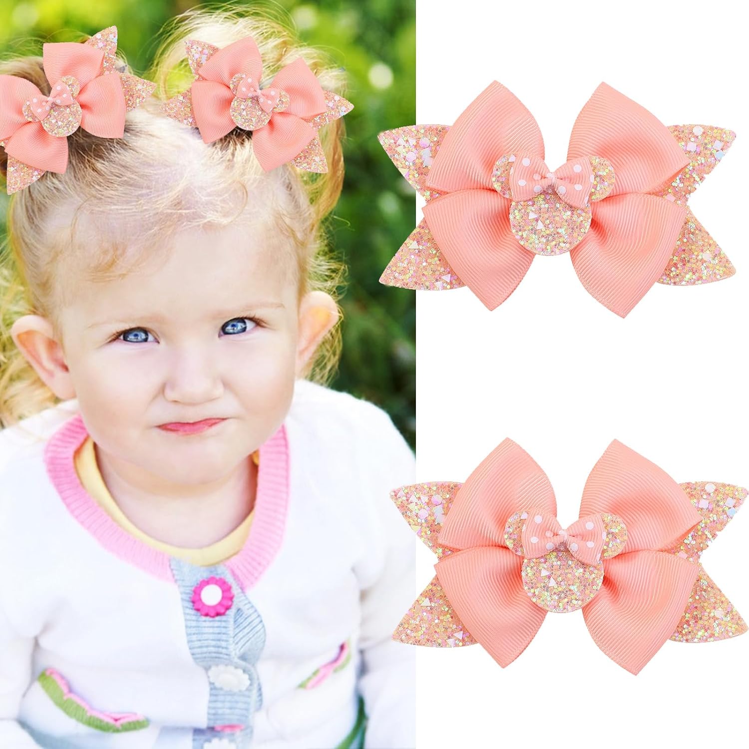 Sparkling Mouse Ears Bow Clips for Baby Girls – Set of 2 with Glitter Bows & Adorable Mouse Ears – Perfect for Girls' Birthdays, Back to School, Theme Parks & Parties (Champagne Color)
