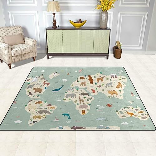 Miniatura 4 de Vantaso Alfombras de espuma suave para guardería, mapa del mundo, animales, antideslizantes, para niños, niñas, sala de juegos, sala de estar, 63 x
