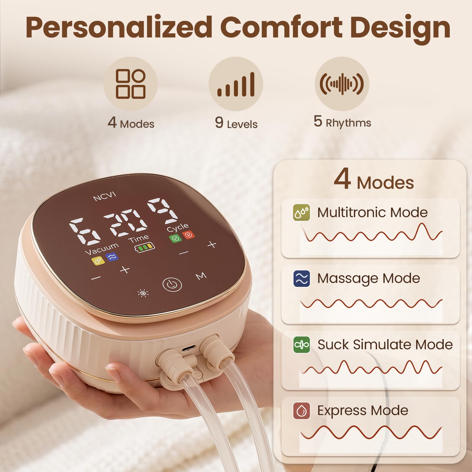 NCVI Tiralatte elettrico, tiralatte 2 in 1 indossabile e biberon con comfort micro-vibrazione, 4 modalità 9 livelli, 4400 mAh, ricaricabile, per casa, lavoro e viaggi