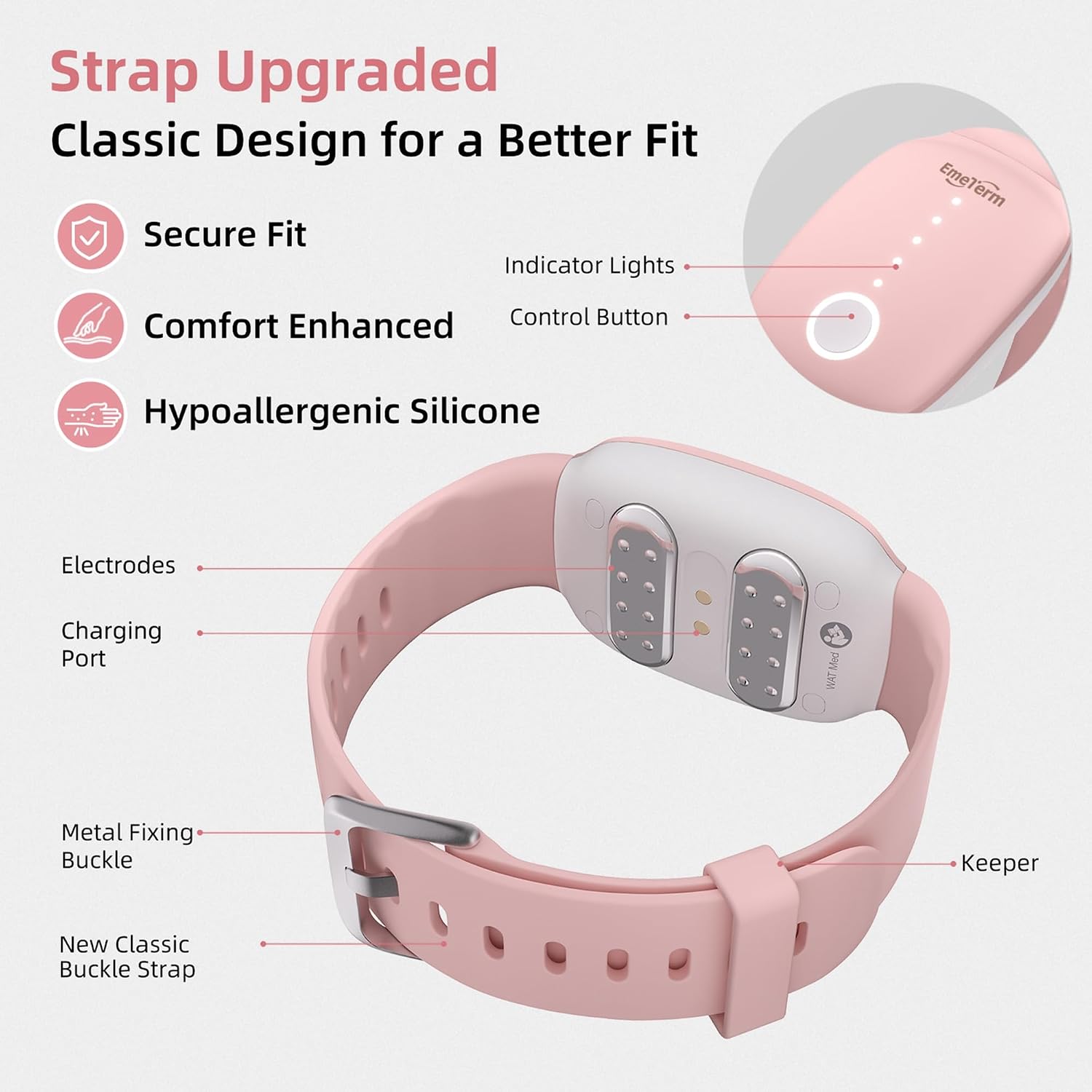 EmeTerm Fashion Pink Anti-Nausea Wristband Bundle with 2 Charging Cables and 2 Conductive Gels