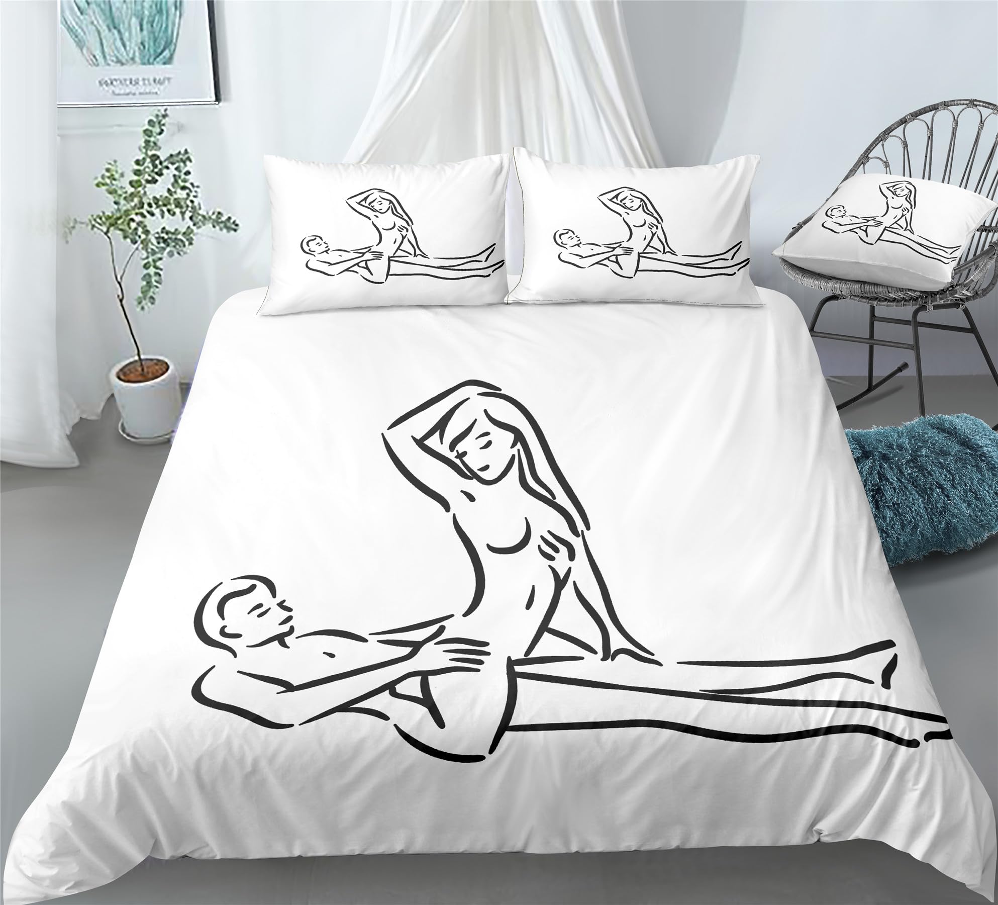 REALIN Bettbezüge Set Leidenschaftliches Paar Bettwäschedie Lustige Liebe Pärchen Bett Sets 2/3/4Teilig Bettbezüge/Kissenbezüge/Bettlaken Für Kinder,Jungen,Mädchen (C,Double-200×200cm-3PCS)