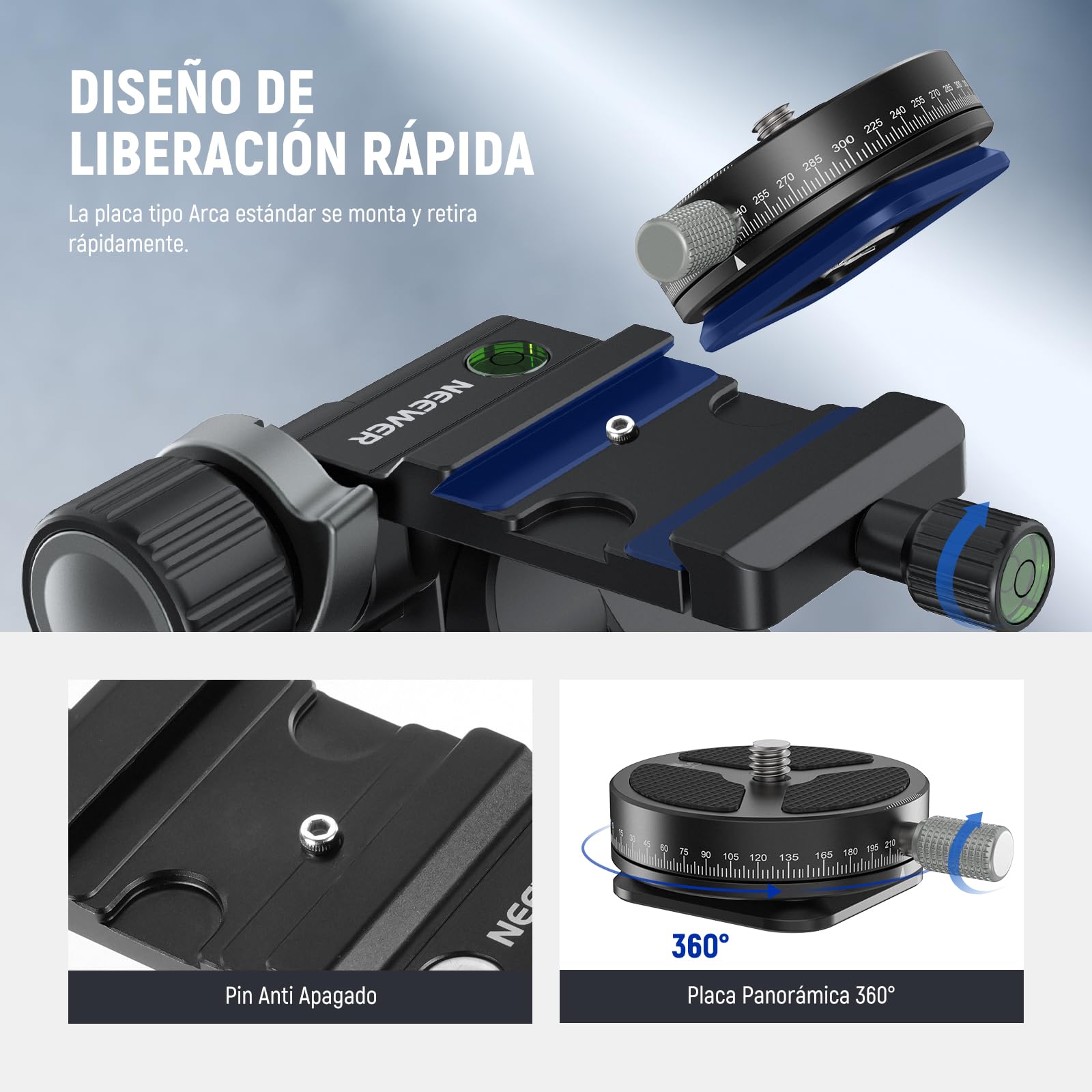 NEEWER Cabezal de trípode con Engranaje de 3 vías con Placa Arca QR panorámica de 360°, microajuste milimétrico, Cabezal de inclinación panorámica de 3 Ejes de aleación de Aluminio con Interruptor
