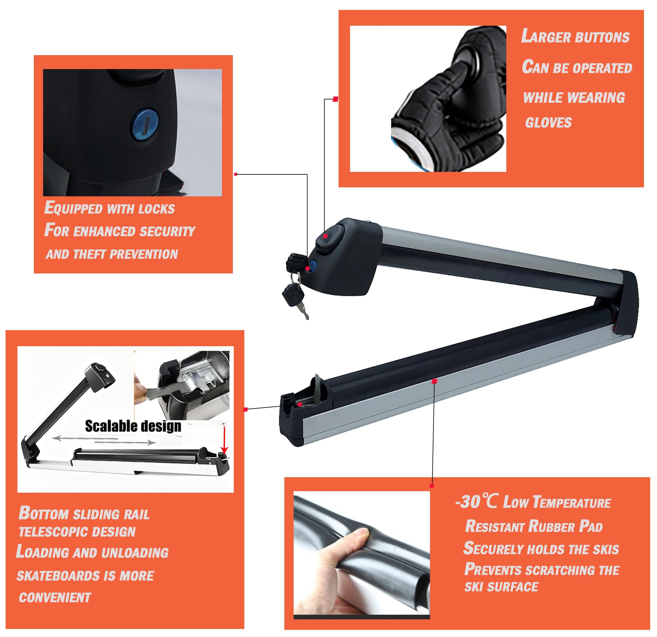 Portaequipajes/Portaesquís para Coche, Paquete De 2 Unidades con Extensión Deslizante, Cerradura Antirrobo, También Puede Sujetar Cañas De Pescar, Apto para La Mayoría De Barras Transversales