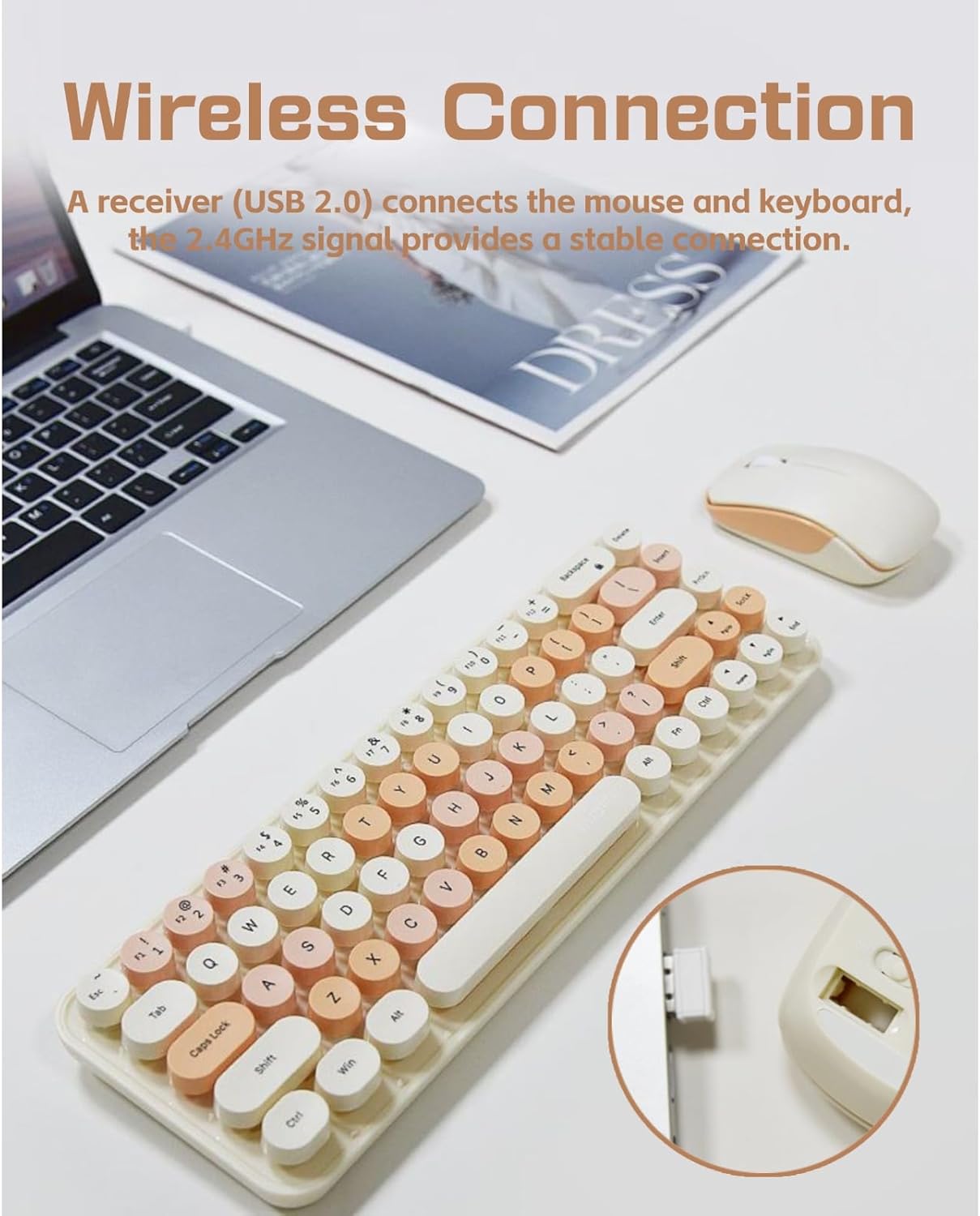 Yoidesu Retro Keyboard and Mouse Combo, 2.4GHz 68 Keys Keyboard with Round Keycaps, 3 DPI Optical Mouse, Ergonomic Design Stable Keyboard Mouse Set (Theme)