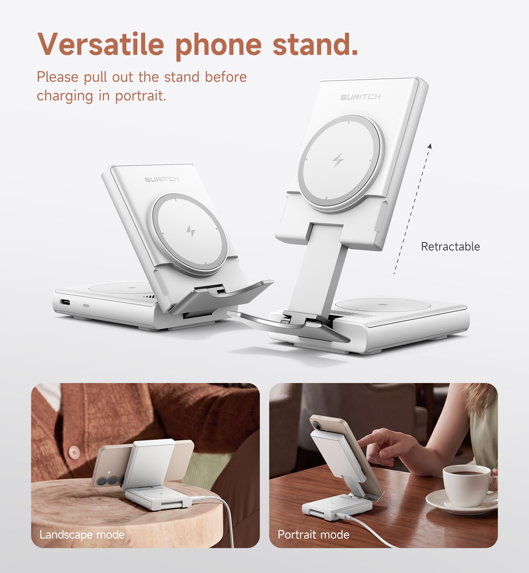 SURITCH Station de Charge Compatible avec Samsung, 15W 3 en 1 Station de Recharge sans Fil Dock de Recharge Pliable pour Galaxy S25 S24 S23 S22 S21 Z, Galaxy Watch 7/6/5/4/3, Galaxy Buds, Blanc