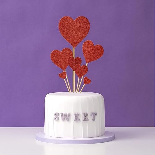 Miniatura 3 de 35 piezas de decoración para tartas con forma de corazón rojo con purpurina para dulces amores, bodas, compromisos, día de San Valentín, despedida