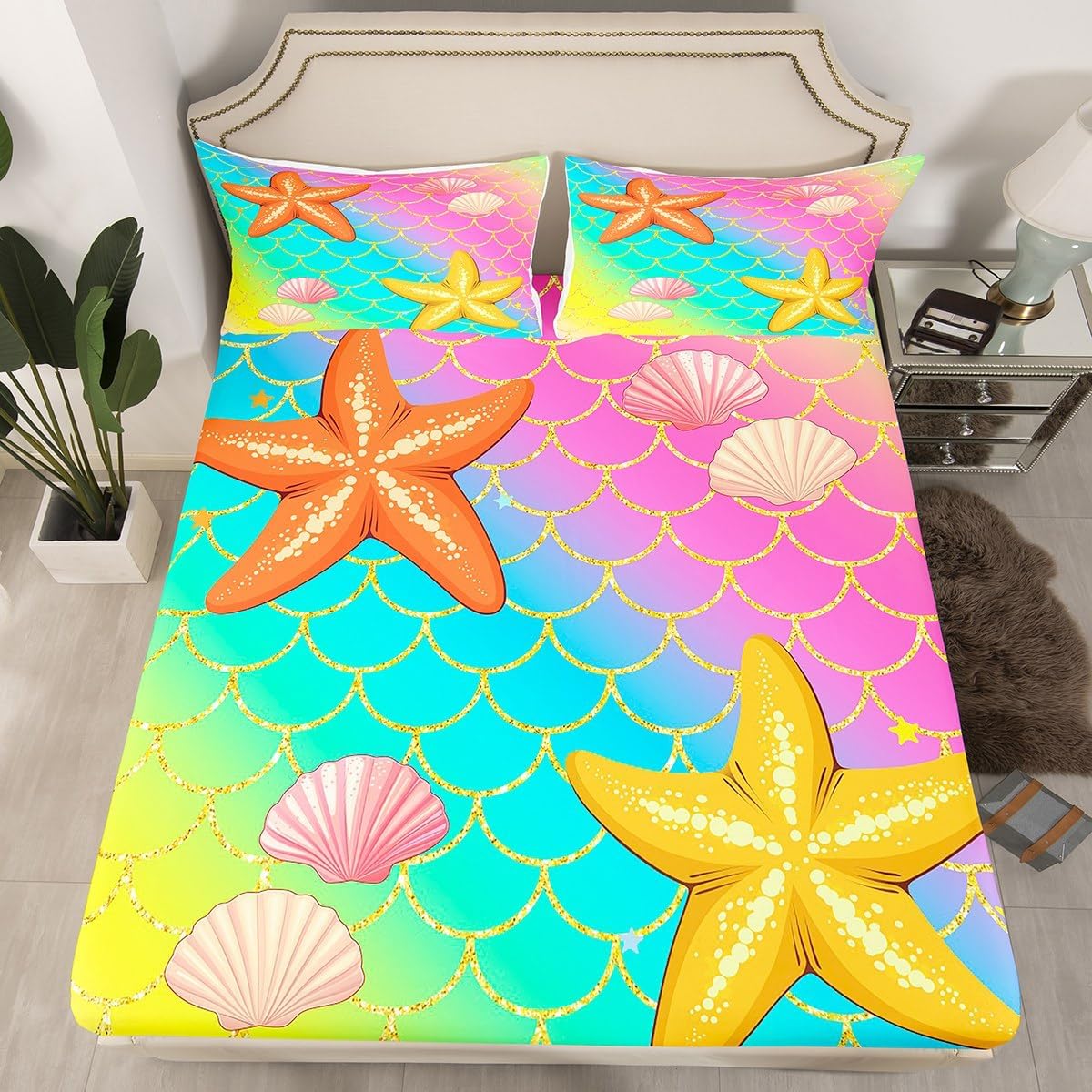 jejeloiu Ocean Fitted Sheet Full Size Kids Starfish Bedding Set for Boys Girls Teens Purple Yellow Teal Bed Sheets Set Breathable Soft Lightweight