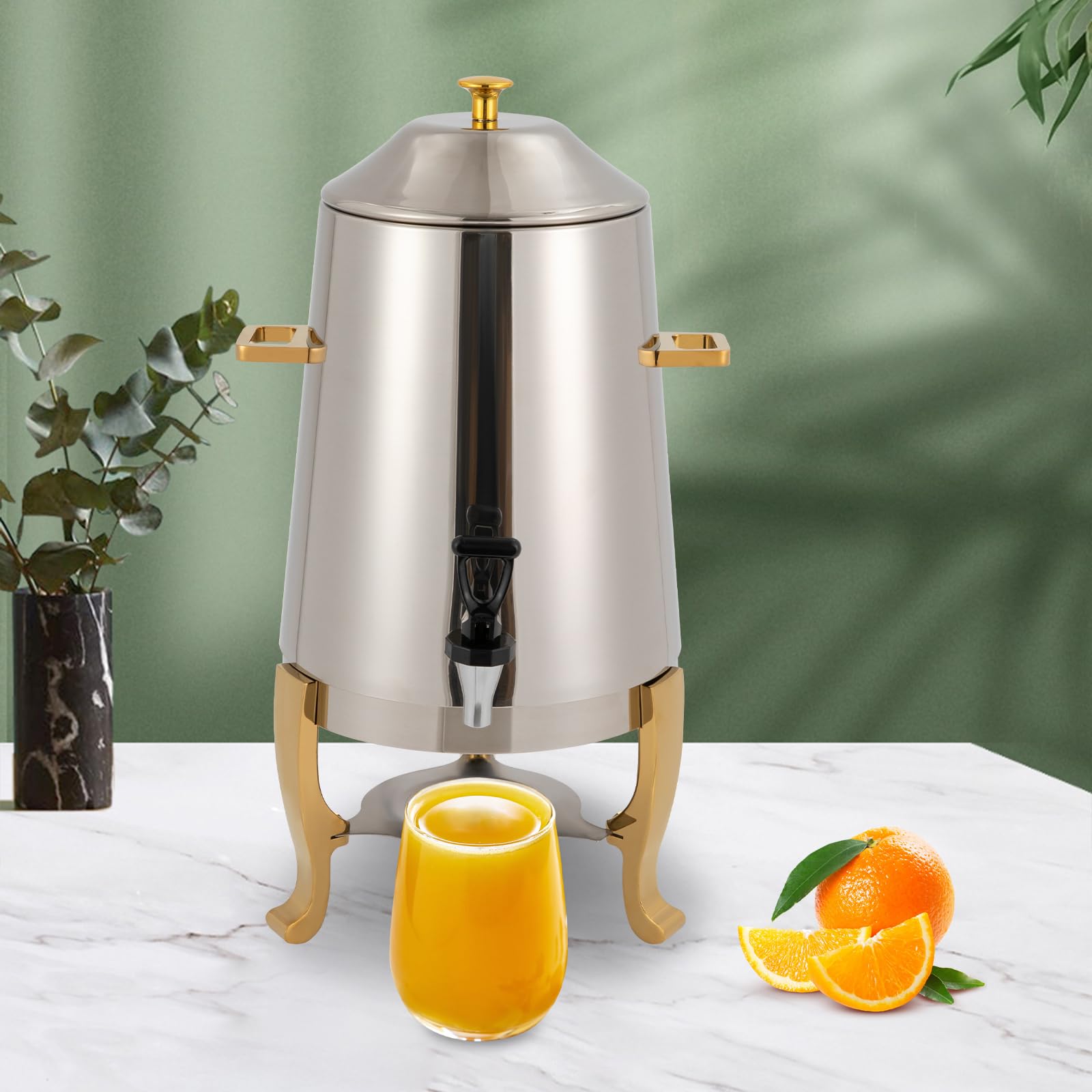 BANEBONE Hot Beverage Dispenser 13L/3.5 Gal, Stainless Steel Coffee Chafer Urn Gold Tray Holder Hot Drink Dispenser with Stand and Spigot Insulated for Parties Event Buffet Catering