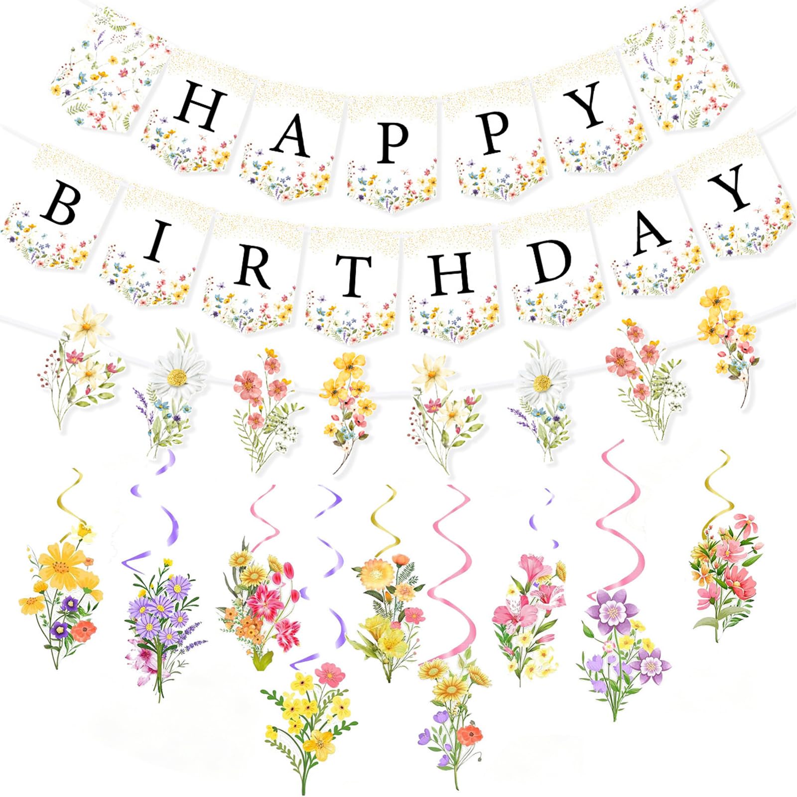 1Set Pastel Multicolor Happy Birthday Banner & Swirls Floral Birthday Party