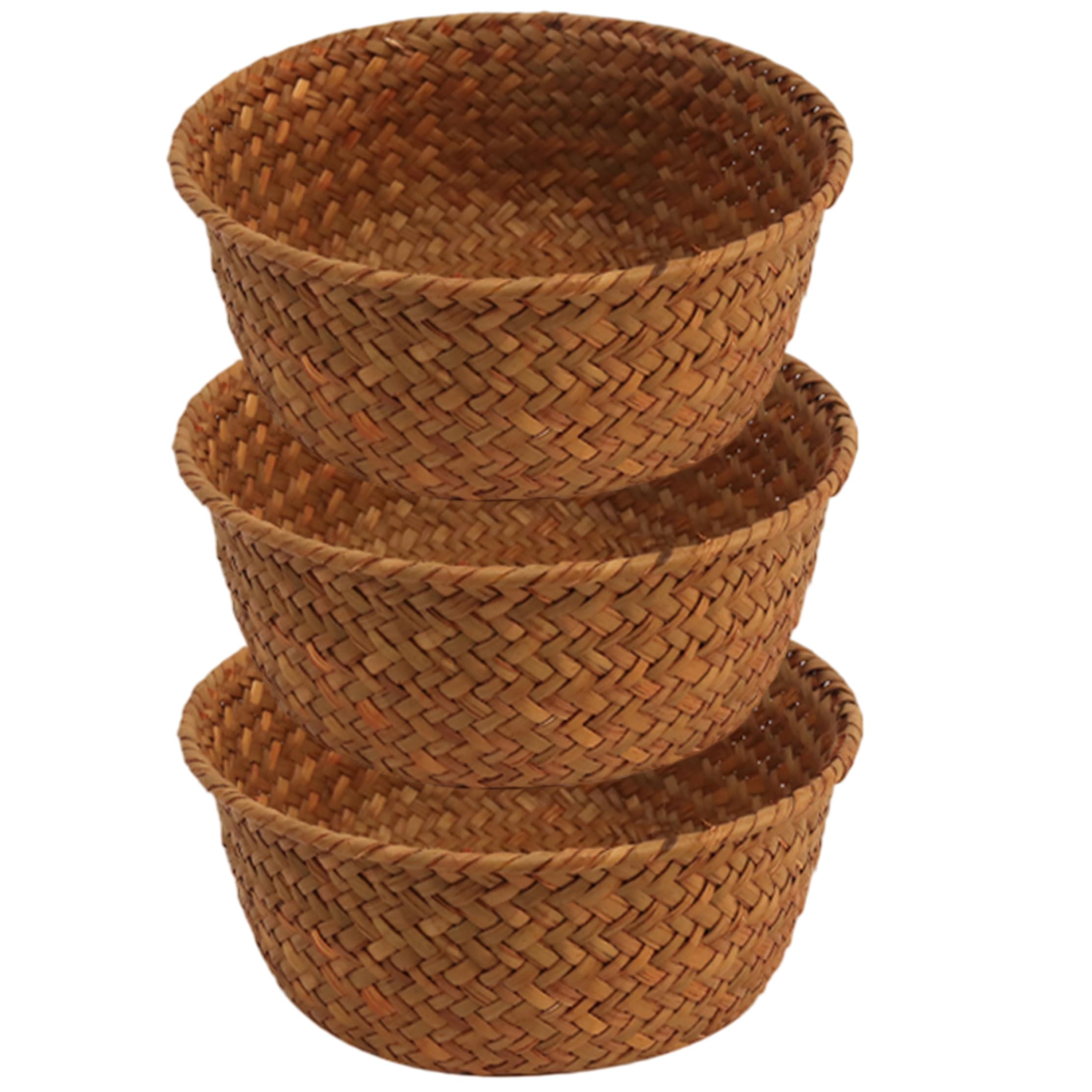 Striegro Seagrass Baskets 3-Pack Small Round Woven Basket for Organizing, Stackable Mini Storage Baskets for Countertop, Desk, Vanity..